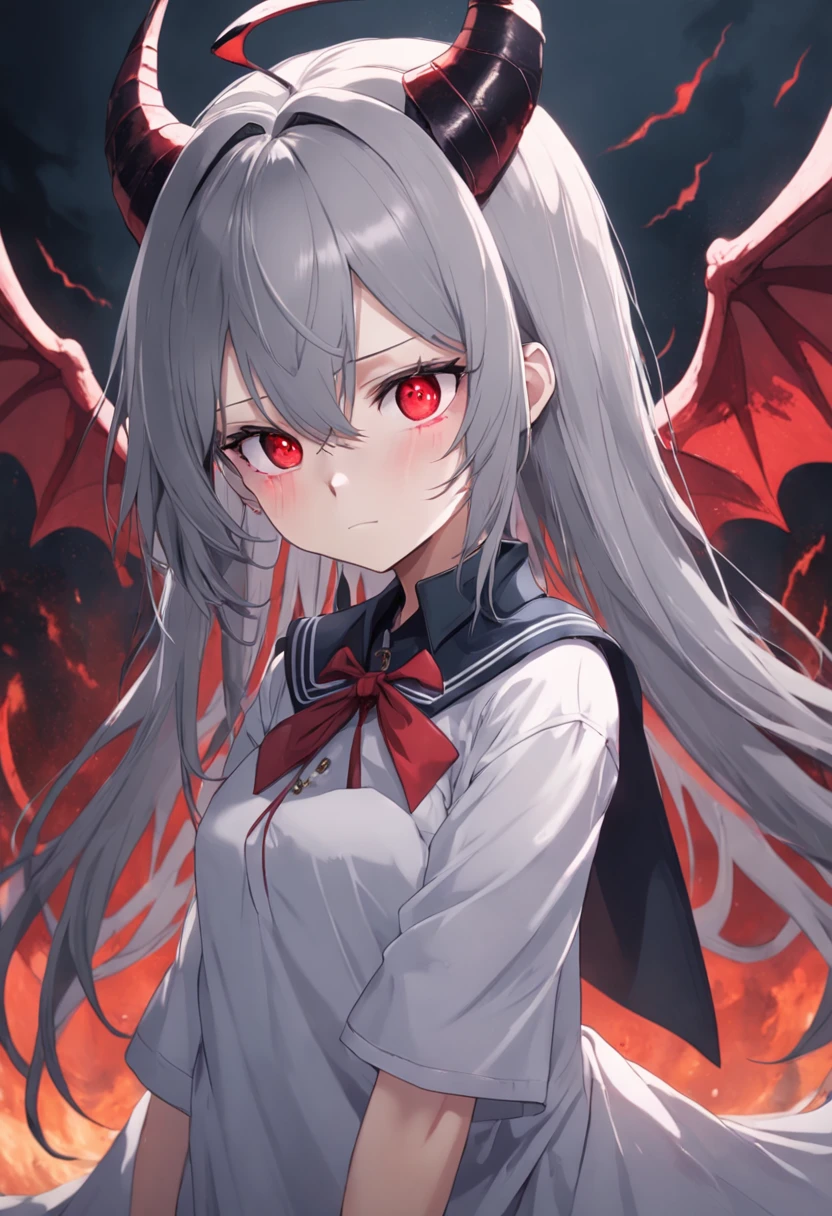 Dull hair, gray hair,Red eyes,long whitr hair,demonic horns,Broken sailor suit,Girl body type,Very cute,There are tears in the eyes,There are demon wings behind it,There was a little blood on his body,8K,No missing hands,Look into the camera,Empty eyes,Dynamic,Background of destroyed cities