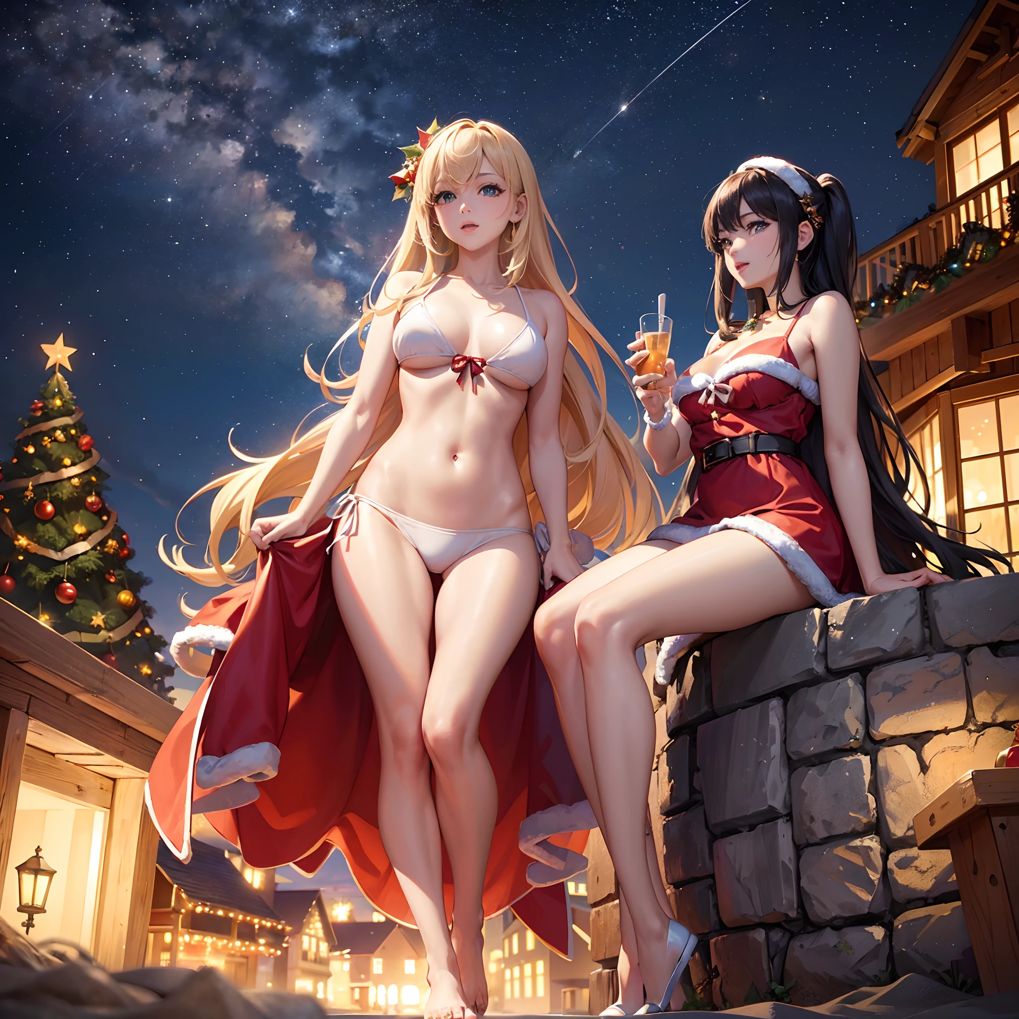 (masterpiece, highest quality: 1.3), (16k, high resolution: 1.3), (summer christmas: 1.5), beach party, christmas lights, santa's shade beach, christmas tree, santa surfing