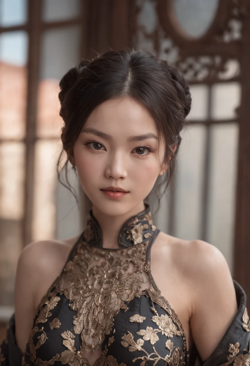 ( (8K:1.27), Best Quality, Masterpiece, Ultra High Resolution:1.2) Photo Beautiful Chinese Woman (Beauty:1.1) (Black:1.21) Gregg Rutkowski and Alphonse Mucha design intricate elegance, fantasy, detail, geometry, gradient lighting, 1girl, delicate skin, looking at the viewer, brown eyes, (fashion hairstyle: 1.2), (medium breasts: 1.0), (medium areola: 0.8), (Photorealistic:1.4), (Best Quality:1.0), (Ultra High Resolution:1.0), 8K, RAW Photo, (Masterpiece:0.2), (pureerosface_v1:0.5)