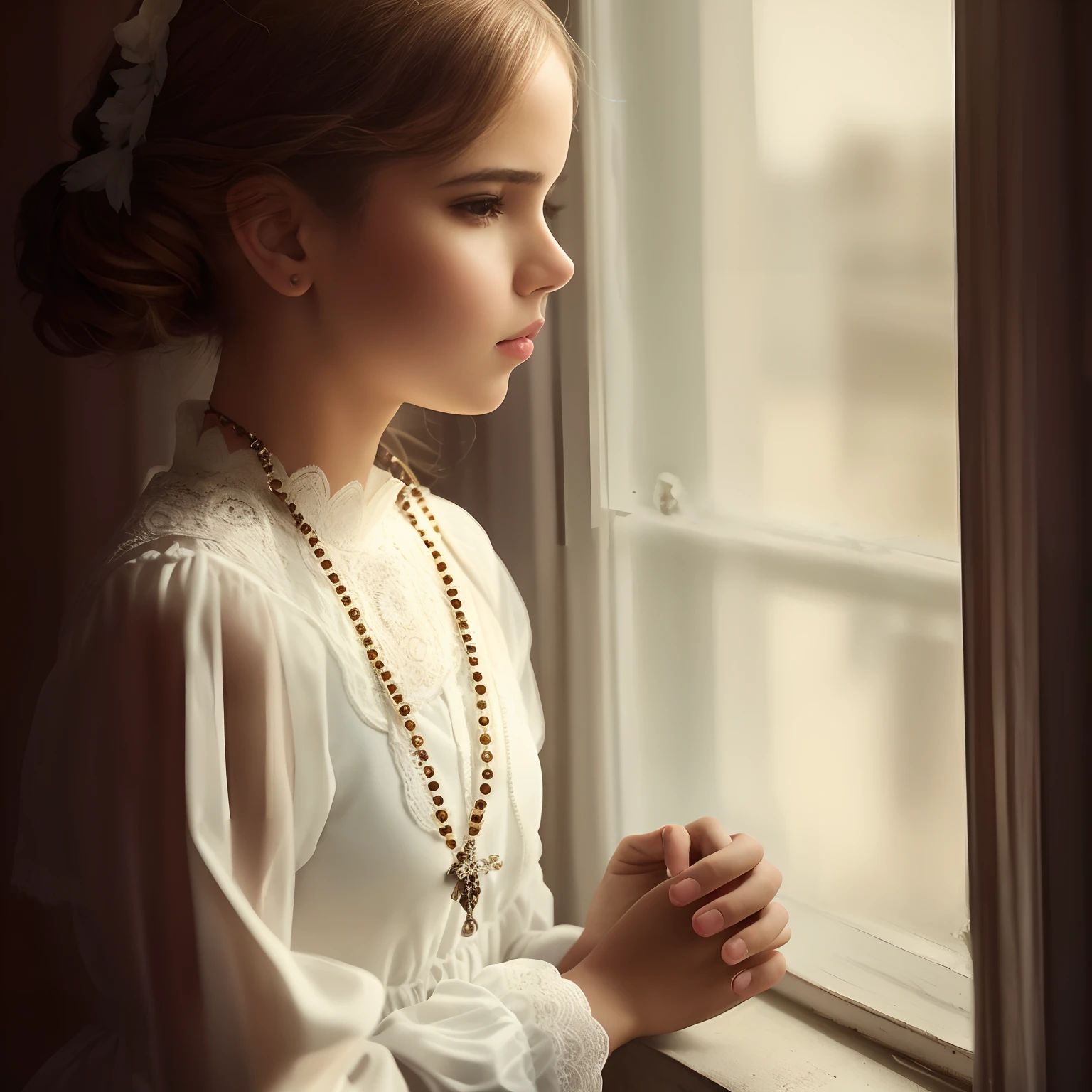 There is a young woman looking out the window with a rosary, A no peitoril da janela, near the window, olhando na janela, garotinha, inspirado em Anka Zhuravleva, perto de uma janela, luz da janela, meninante, menina bonit suave da janela, pensativo, atencioso ), luz suave da janela, praying
