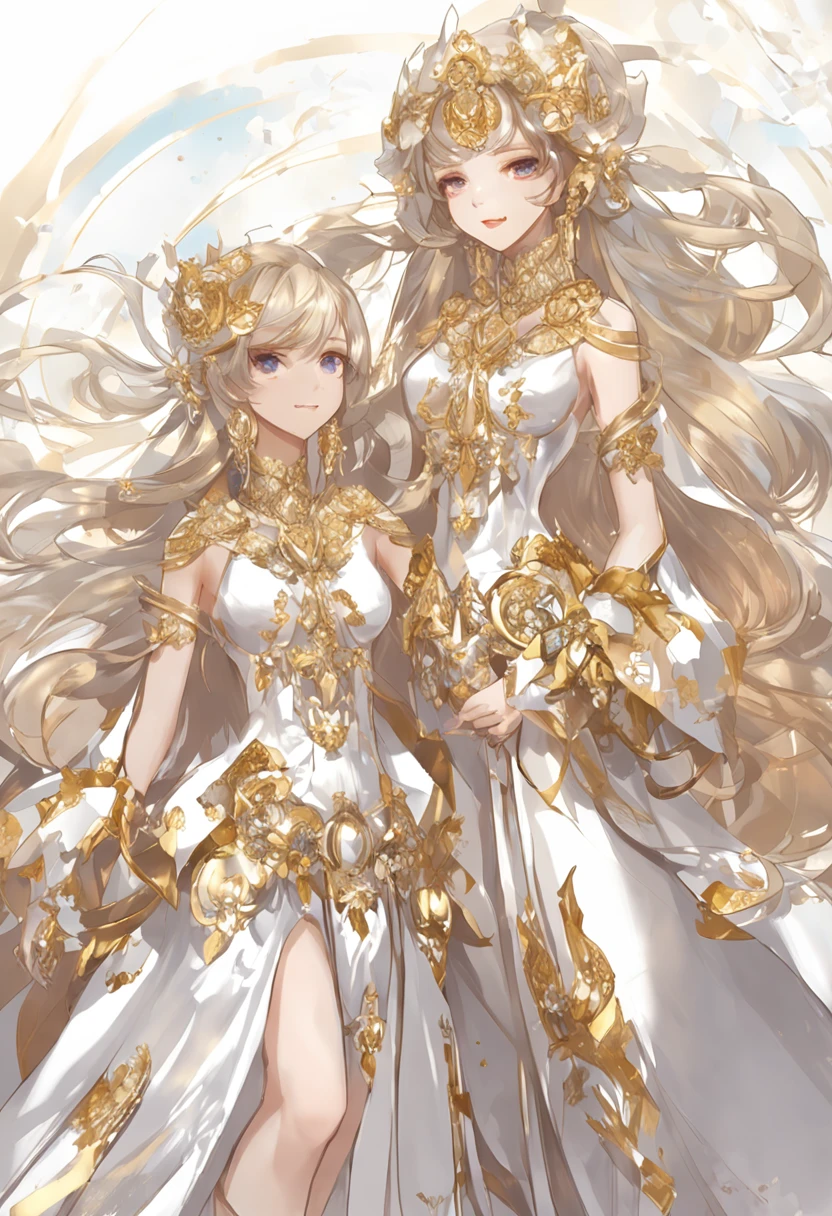 Anime - style illustration of two women in a gold and white outfit, Arte Oficial, lunar themed attire, divindade de cabelos brancos, Trend in CGTacing:, Wlop e Sakimichan, cushart krenz arte chave feminina, Arte Oficial altamente detalhada, prata e ouro, trending on artstation pixiv, Cores Dourado e Prata, knights of zodiac girl