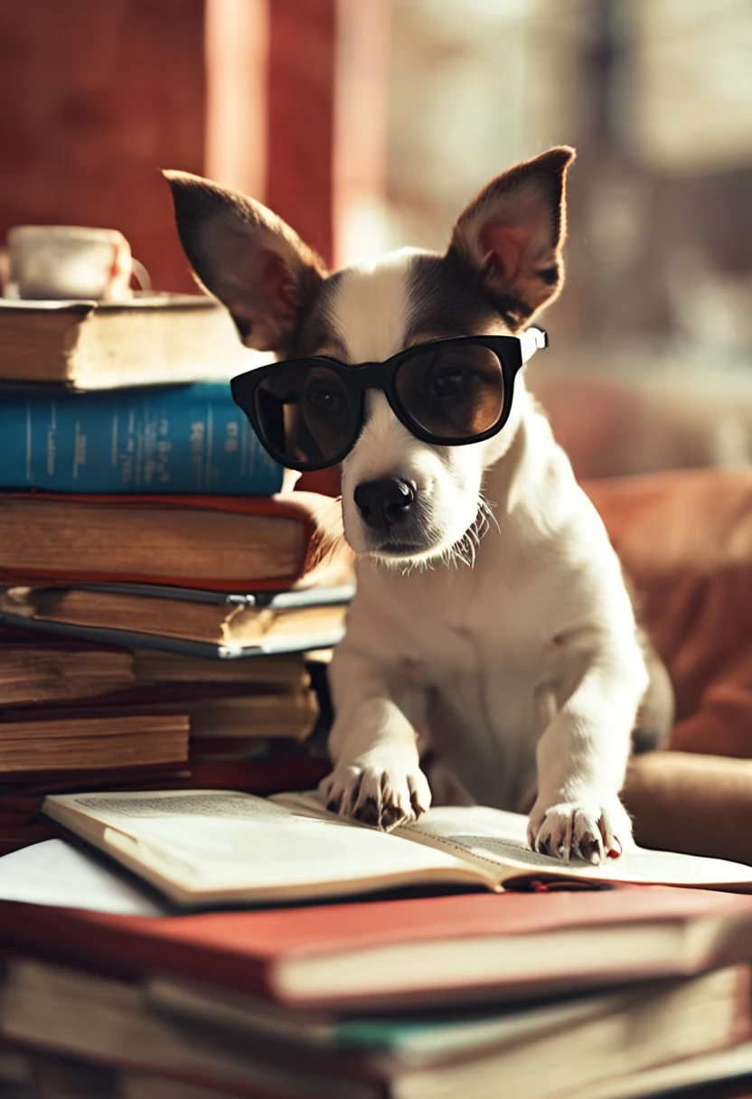 Cute puppy wearing glasses and studying hard