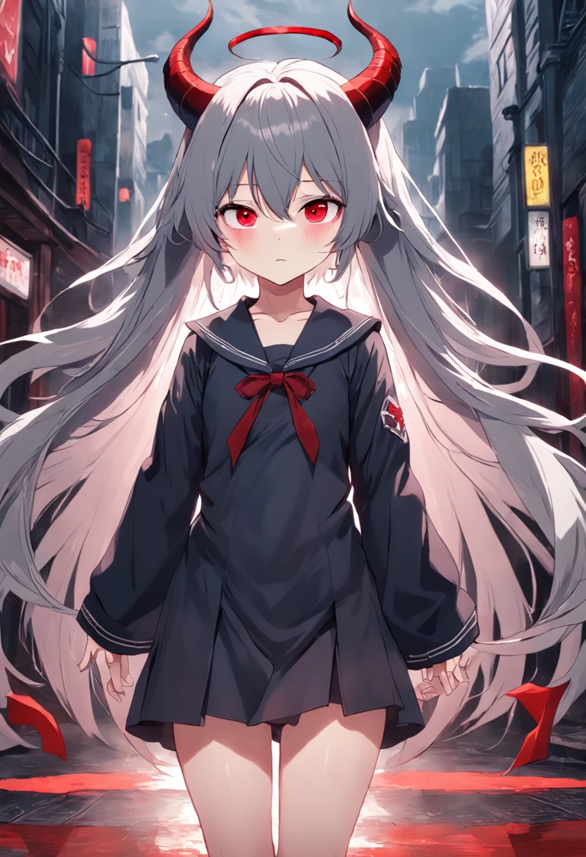 Dull hair, gray hair，Red eyes，long whitr hair，demonic horns，Broken sailor suit，Girl body type，Very cute，There are tears in the eyes，There are demon wings behind it，There was a little blood on his body，8K，No missing hands，Look into the camera，Empty eyes，Dynamic，Background of destroyed cities
