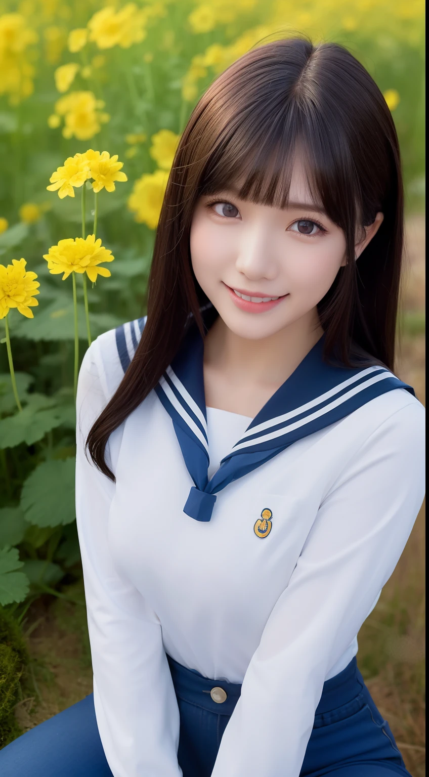 A smiling girl，Wear a tight sailor suit，denim pant，Lying on a large mossy rock in the middle of a field of rape flowers，com rosto detalhado，The eyes are delicate，The photo quality is the best，Realistic image quality，Background diffuse lighting，Depth of field display。