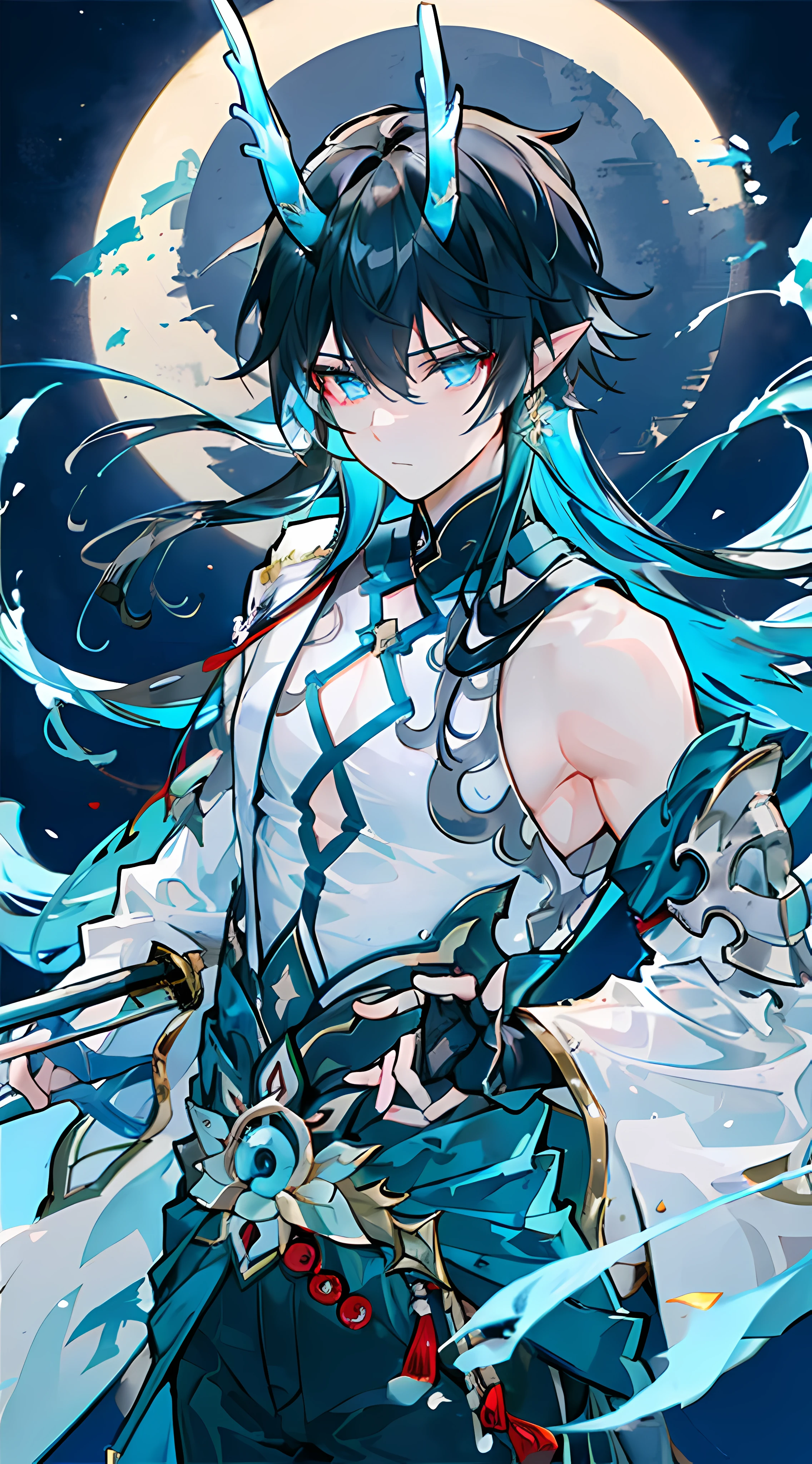 Silver Moon-kun\(Character\),Dragon 1\(Features\),Promenade,parapets,smog,Backlight,Book in hand,Chinese-style corridor,Bamboo,The background is an ancient landscape，bamboo forrest，Small pavilion，blue-sky，Bust，Exquisite facial features，Sword drawing pose，Black hair