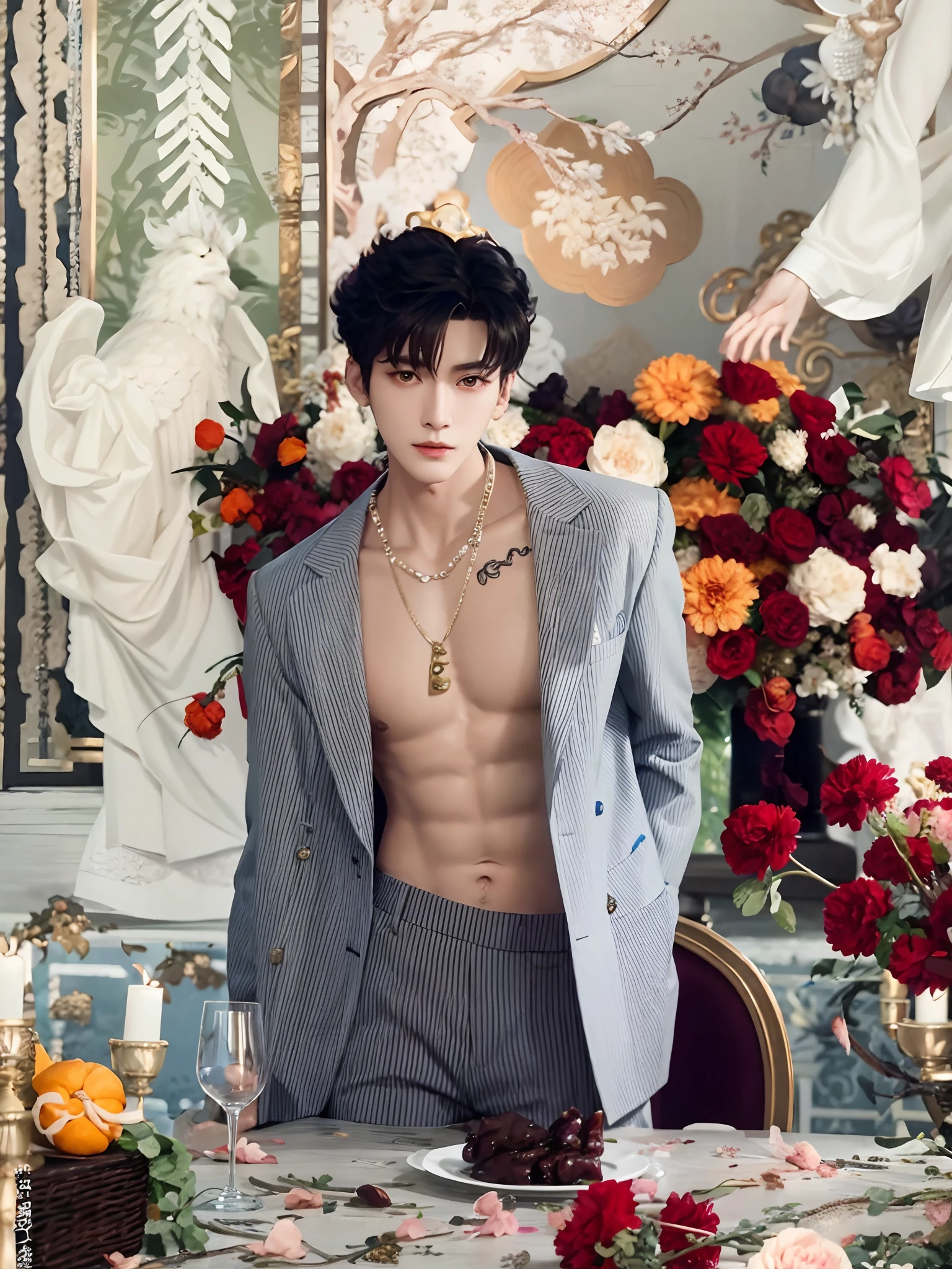 there is a man sitting at a table with a plate of food, cai xukun, yanjun chengt, steven klein, jia, bian luan, inspired by Zhang Han, lu ji, hyung tae, yan, mingchen shen, ruan jian, taejune kim, wonbin lee, delicate androgynous prince, xintong chen, mark lee