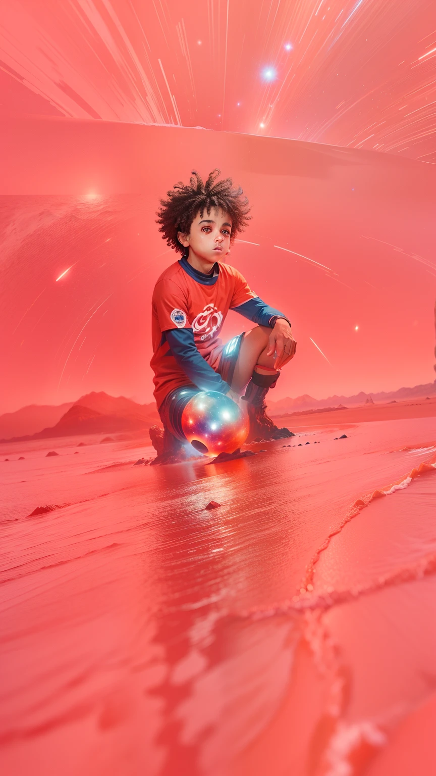 Garoto da imagem da foto, no universo cheio de asteroide , fontes luminosas ao redor, arte digital com a imagem