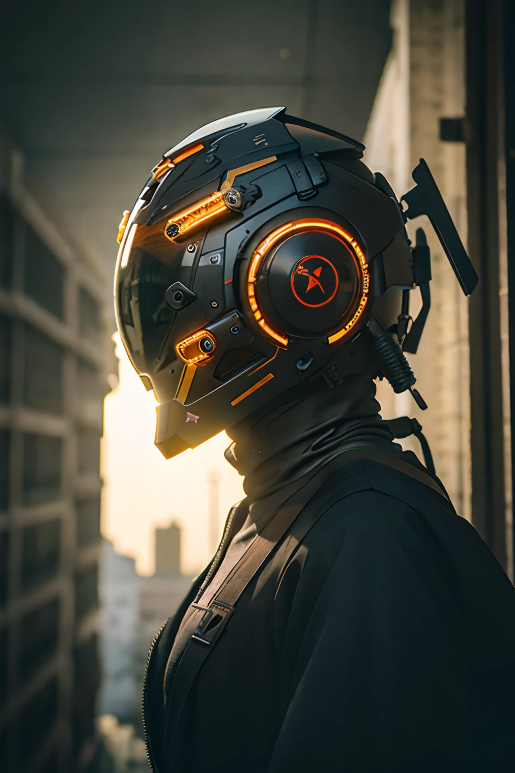 (rainy days:1.3), Dark theme, dark cloude, raiden, realisticlying, complex 3d render ultra detailed of a, best qualtiy, tmasterpiece, 超高分辨率, cowboy lens, (realisticlying:1.4), RAW photogr, offcial art, (closeup cleavage, sface focus:1.5), Complex background, absurderes, bblurry, atmospurate, From the side Side, dynamic angle, ((Armed with both hands)), golden glowing, Network helmets, giant mecha, droid, armure, machine arm, sci-fy,without humans,(Wearing a tattered cloak),Stand on the ruins of the old square after the Radiation War,Damaged buildings everywhere,smoke of gunpowder,karo,LED,cowboys