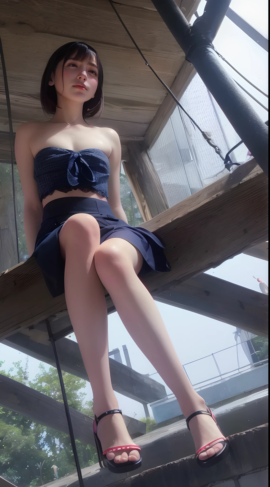  on top，Looking down，from below，White light panties，sitting on a swing，Crotch view，bottom angles，Mocking expressions，Smiling，White light bandeau，Large angle upward view