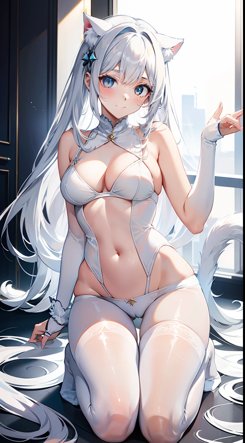 White transparent pantyhose,whaite hair,Raised sexy,As graceful as a swan,slender girl,Blue lace lingerie,Cat ears,a cat tail,Evil smiled