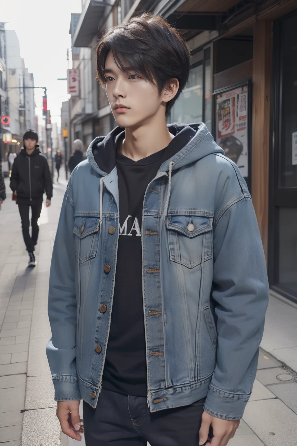 20 year old Japan man street style hair catalog magazine portrait。 Layer a hoodie over a denim jacket suitable for autumn and winter。Coordinate with black skinny jeans and combat boots。My hair is a bit long、Rough appearance、Ruff suitable for autumn and winter々It's a nice atmosphere。