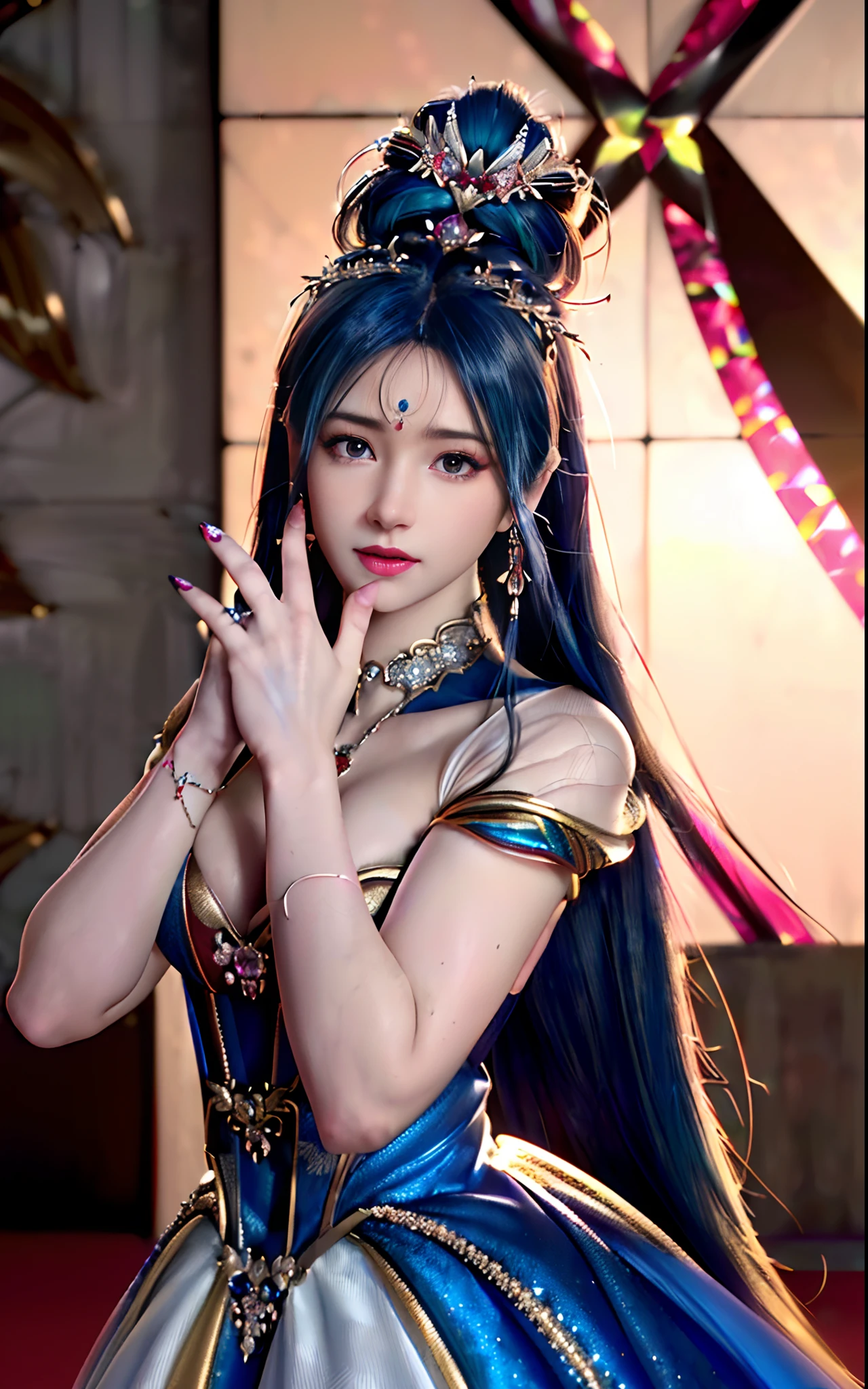 ((realisticity: 1.2)), ((realistic: 8K UHD)), ((best resolution: 8K UHD)), hyper detailed, best quality,masterpiece,highres,cg, ((1 girl hyper detailed and hyper realistic) ) , ((beautiful queen, hyper realistic and hyper detailed)),((white skin, beautiful, smooth, youthful, hyper realistic and hyper detailed )), ((Face hyper beautiful, white, hyper realistic and hyper detailed ) ), long hair, ((hyper realistic and hyper detailed dress)), solo, ((hyper realistic, hyper beautiful, beautiful and hyper detailed jewelry)), ((hyper beautiful deep red and golden yellow dress, hyper realistic and hyper detailed )) , ((Her pretty, hyper realistic, hyper detailed diamond filled earrings)), ((Her gorgeous diamond haircut, hyper realistic and hyper detailed)), ((hyper pretty upper body, hyper beautiful, hyper realistic and hyper detailed) ), ((medium breast: 1.1)), ((hyper realistic, hyper pretty, hyper detailed boobs)), ((the backgroun of the royal palace is hyper majestic, hyper realistic and hyper detailed)),((hands and palms hyper beautiful, hyper detailed, hyper realistic)), ((hyper detailed and hyper realistic fingers and fingernails)), ((hyper pretty fingernails, hyper vivid, hyper detailed, hyper realistic)), ((thumb, index finger, middle finger, ring finger, little finger hyper vivid, hyper pretty, hyper detailed, hyper realistic)),
((hyper beautiful fingers, hyper detailed, and hyper realistic)), ((posture not too fat and not too thin, hyper realistic, hyper detail)), ((hyper pretty, hyper pretty, hyper realistic and hyper detailed hair bun)), ((hyper pretty , hyper realistic and hyper detailed blue hair)), candid, Photo, high resolution, 8k , bokeh,