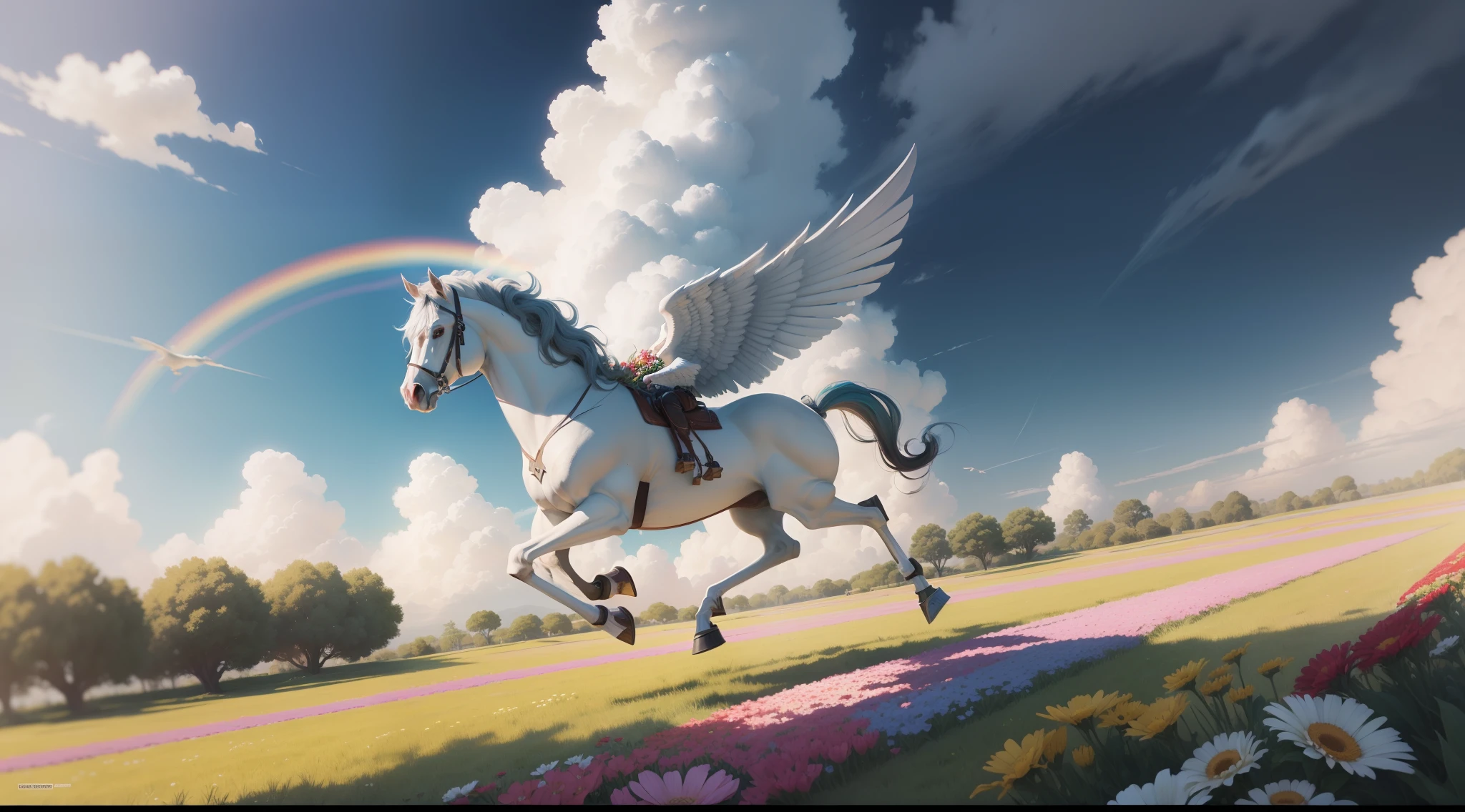 There is a lot of paint and flowers on Pegasus，A lot of flowers are floating