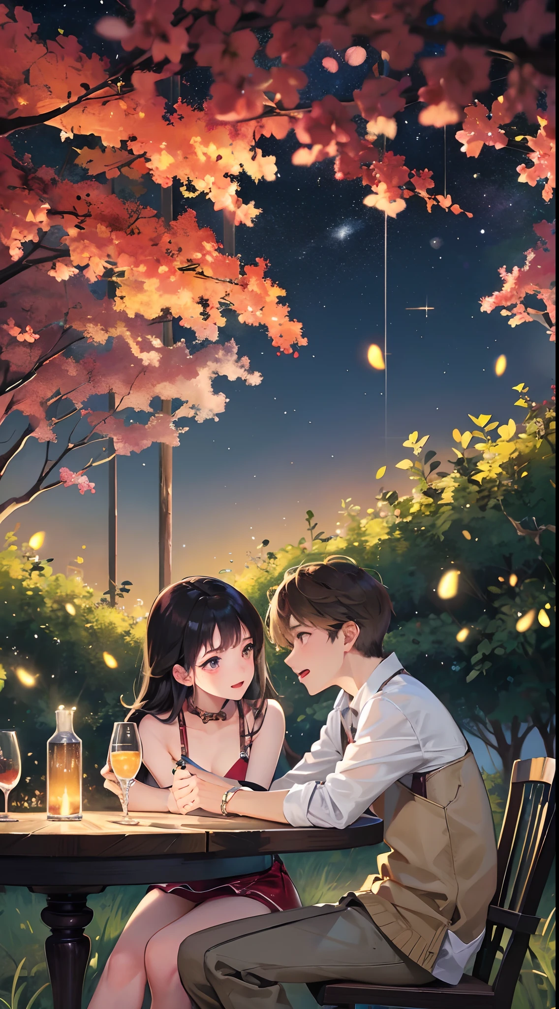 Country nights,The starry sky twinkles,Men and women sit together under large trees,Summer lights and fireflies dance。
