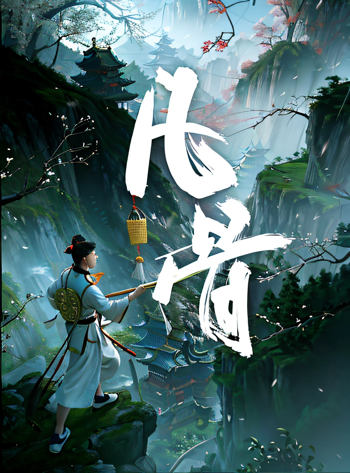 Chinese characters in a painting of a man standing on a cliff, inspired by Fu Baoshi, Wuxia, inspired by Wu Daozi, Chiba Yuda, Middle Metaverse, Inspired by Cao Zhibai, Inspired by Hu Zaobin, inspired by Zhang Wo, Wang Chen