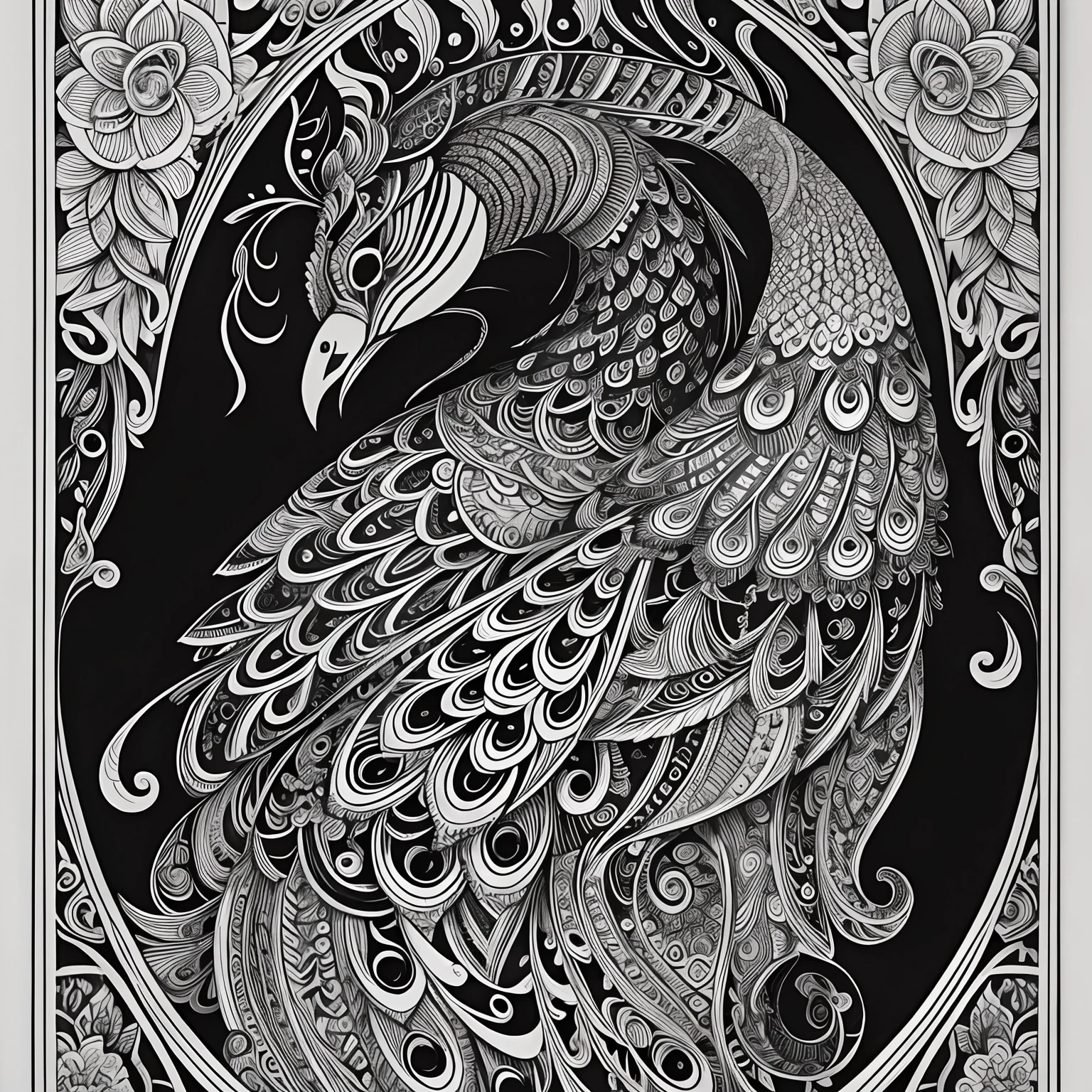 peacock, black and white, zentangle (best quality) ultra-detailed, fine line drawing, fine line art, coloring book illustration style, intricate linework, highly detailed illustration, perfect composition, beautiful and stunning, dynamic angle, high contrast, incredible shading, incredible detail, unique style, black and white details, (dark and mystical atmosphere), intricate and detailed nature elements.