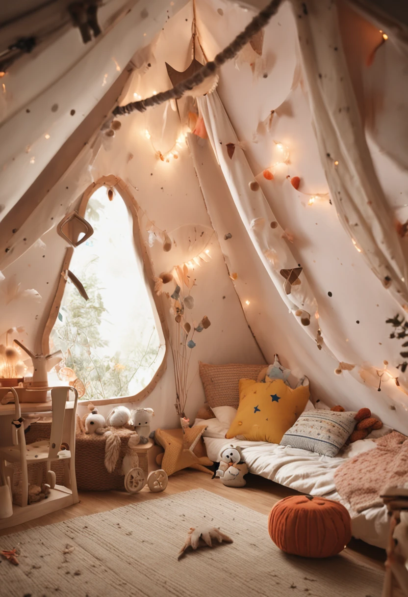 The room had a tee-shaped tent with fish, teepee, children' s bedroom, inside a child's bedroom, interior of a tent, cottagecore hippie, tenten, for kids, Boy's room, Vignette, toy room, fantasy themed, kid, subtle detailing, Small room, Bohemian neutral, tent architecture, Decoration around the room