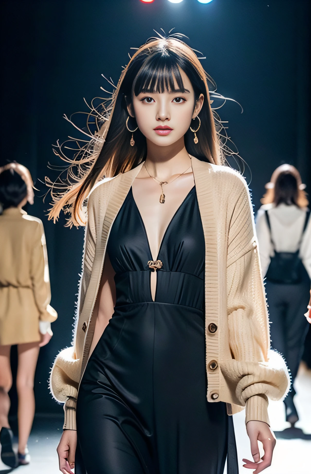Cropped head, nipple, bad anatomy, deformed hands, deformed fingers, deformed legs, thin body, low quality, worst quality, skin spots, deformity, malformed limbs, extra limbs, disfigured, poorly drawn face, extra people, asia face,(8K分辨率,Photo above the thigh,Sideways close-up photo),(1womanl,20yr old,((Facial features of Thai Min:1.8,s delicate face,详细的脸),(Long ponytail hair),Elongated bangs,Confused eyes,Slightly open mouth),Fair smooth skin,(Best Skin Type:1.21),captivating curves,((Short-sleeved cardigan,Black silk horse face dress),(Chinese style pattern)),Elongated earrings,Roman shoes,With a petite figure,(Model walking on the road,Naturally placed hands),delicate artwork,perfect hand,Ultra-fine clothing material),(The city's noisy pedestrian street,Night background,Deep view,Exquisite environmental details),(Professional lighting,动态照明),((The color is uniform,(white colors,black in color))),(Golden section,Cinema lenses,Hasselblad photograp,tmasterpiece:1.3),(The art of culture,fashion art,trendsetting,Artis,Art platform)