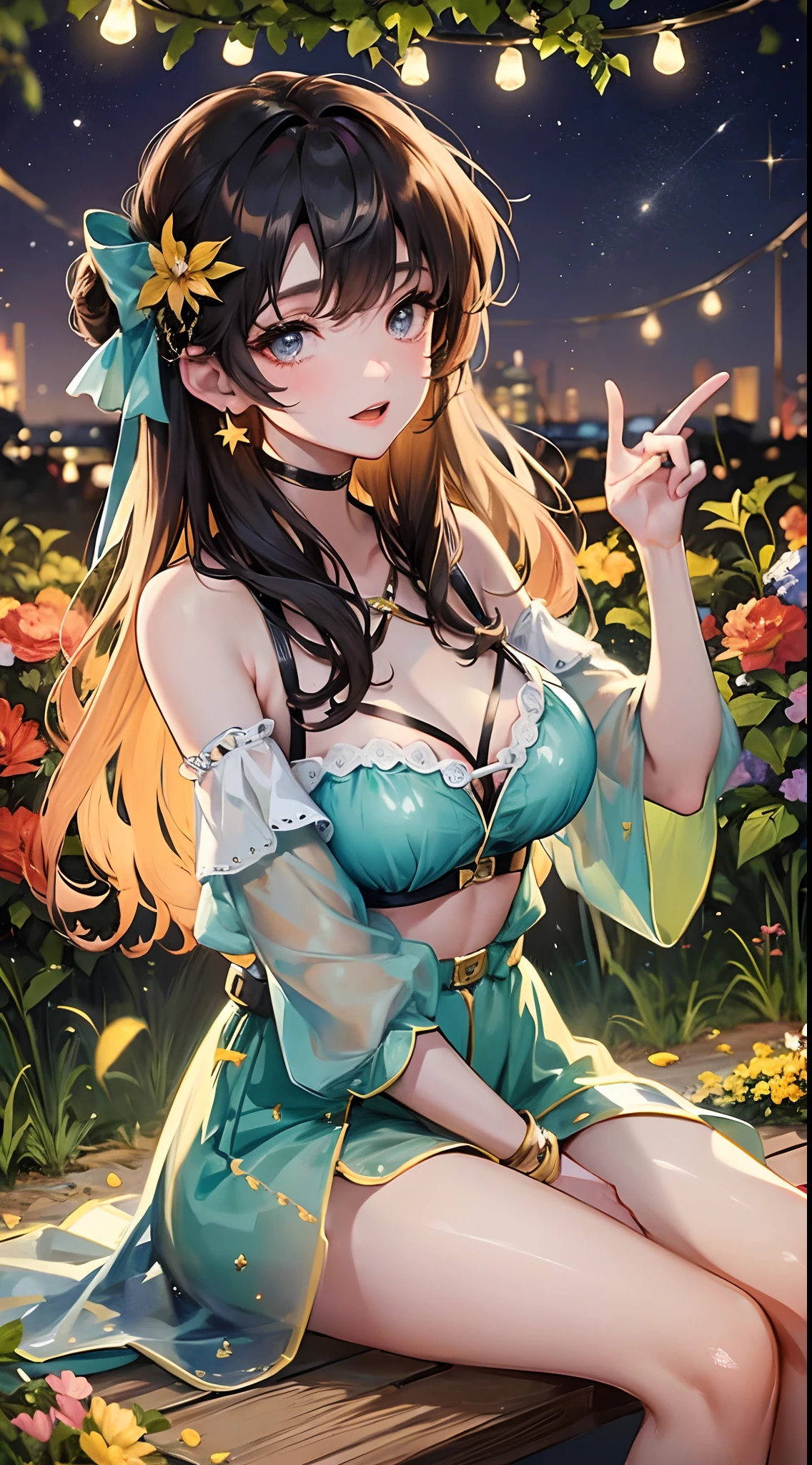 Country nights,The starry sky twinkles,Men and women sit together under large trees,Summer lights and fireflies dance。Two legs
