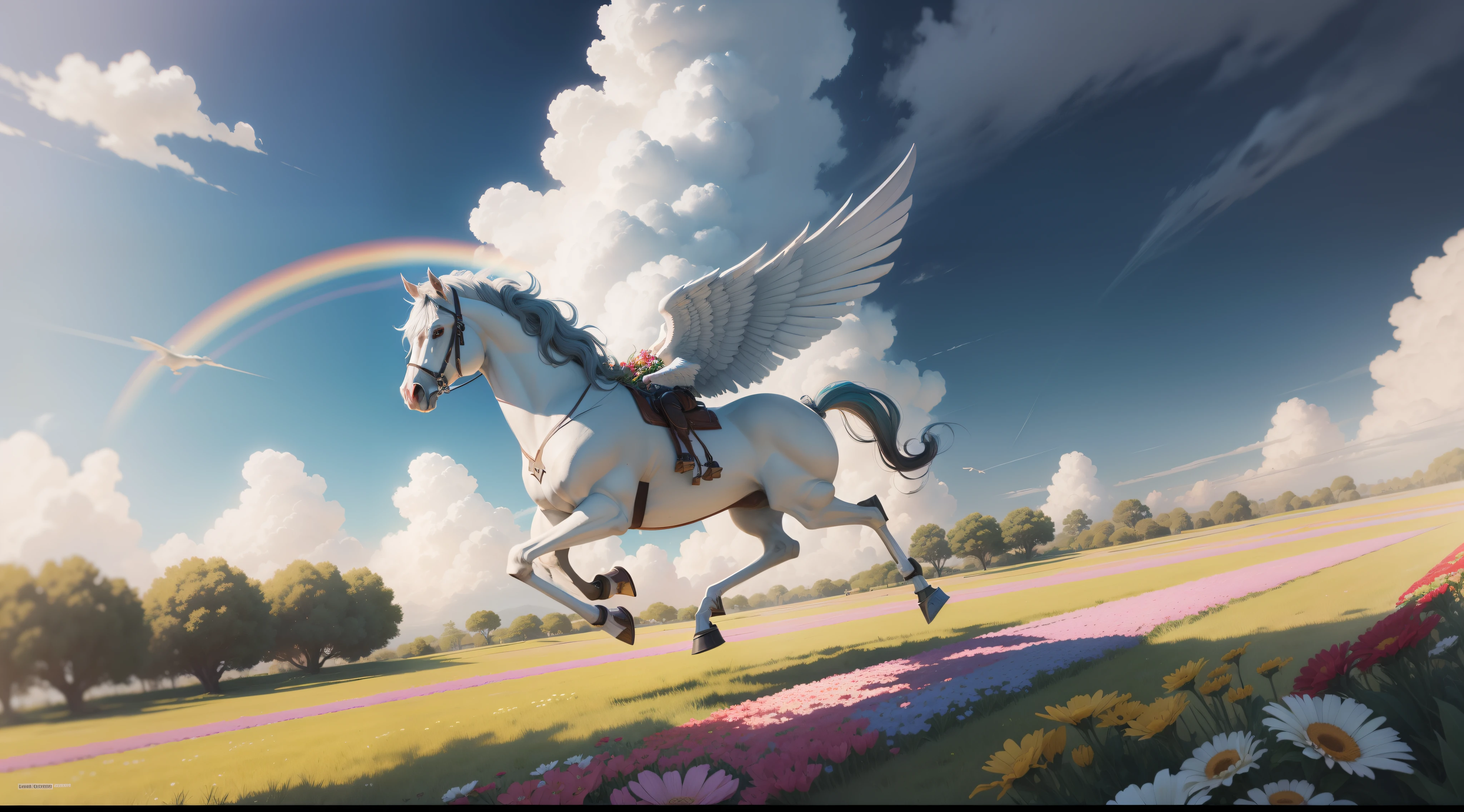 There is a lot of paint and flowers on Pegasus,A lot of flowers are floating
