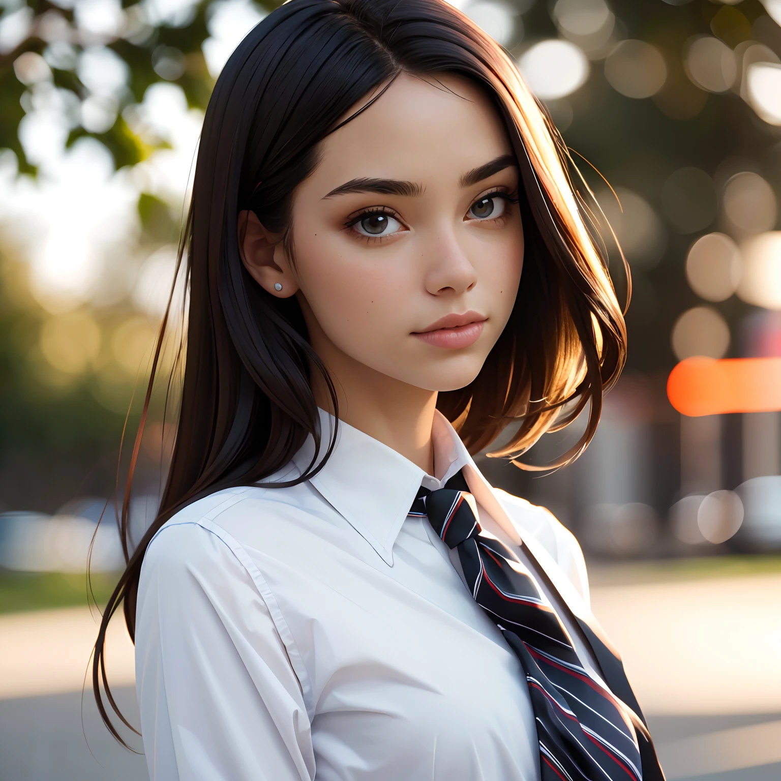 Portrait of a girl, the most beautiful in the world, upper body, outdoors, intense sunlight, professional photograph of a stunning woman detailed, sharp focus, dramatic, award winning, cinematic lighting, volumetrics dtx, (film grain, blurry background, blurry foreground, bokeh, depth of field, sunset, interaction, (masterpiece), (extremely intricate:1.3), (ultra realistic), white shirt, dark striped necktie