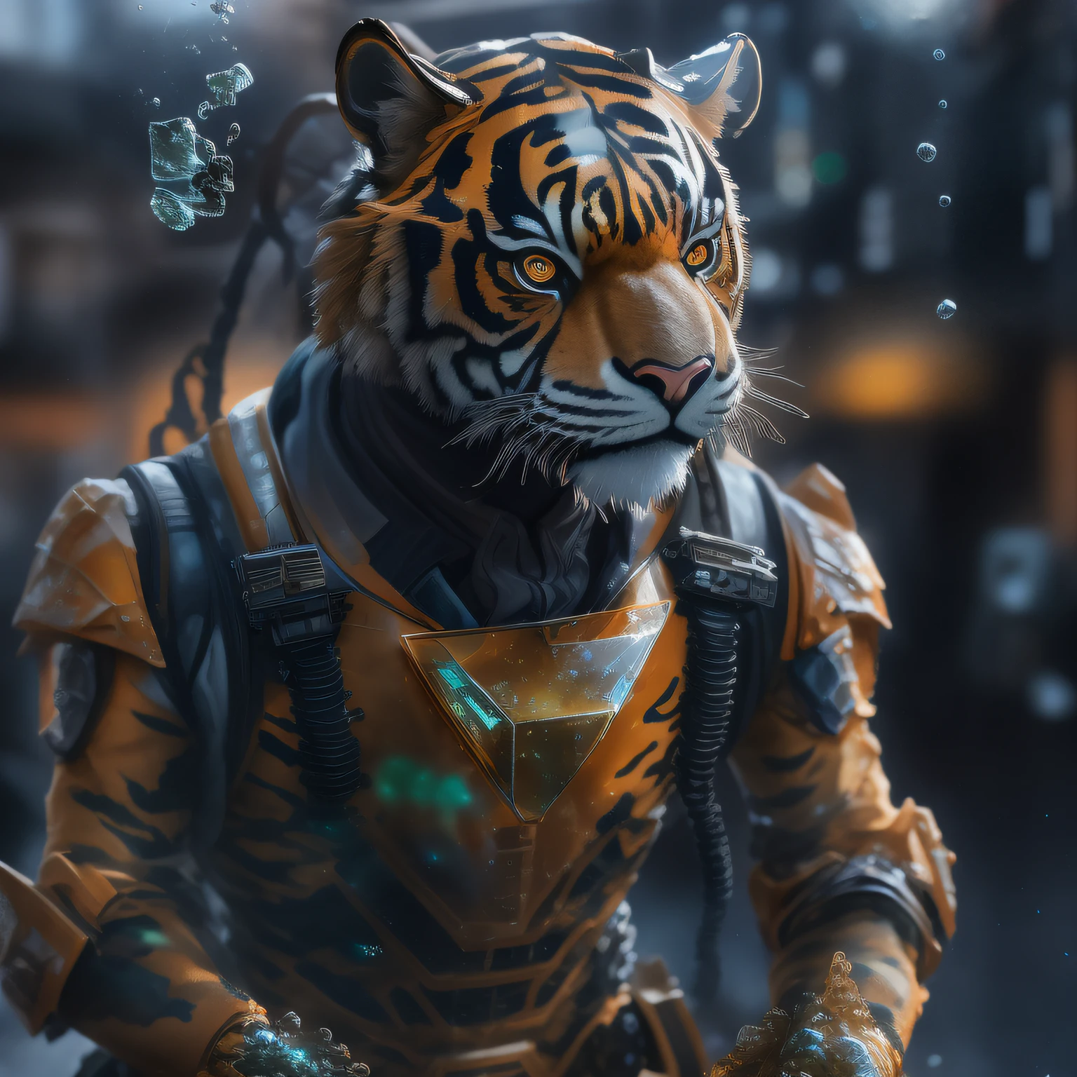 Portrait photo of transparent camo worn mech suit，（（Light bokeh）），复杂，（（semi transparent）Liquid water [Rust]），ellegance，Clear focus，Photo by Greg Rutkowski，gentlesoftlighting，Bright color，tmasterpiece，（（Streets） )), Detailed tiger，Future Tiger Warrior