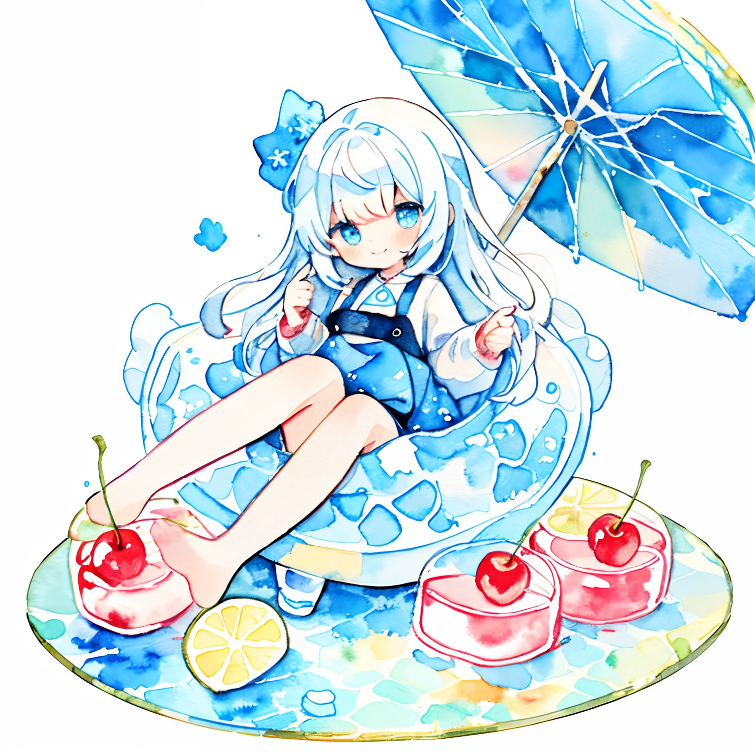 PastelColors:1.5)、(Cute illustration:1.5)、(watercolor paiting:1.2)、light blue background、girl with、full body Esbian、A smile、Stranger、Light blue all over、Moya、marble、colourfull、jello、Cherries、Jelly Girl、White hair、light blue  eyes