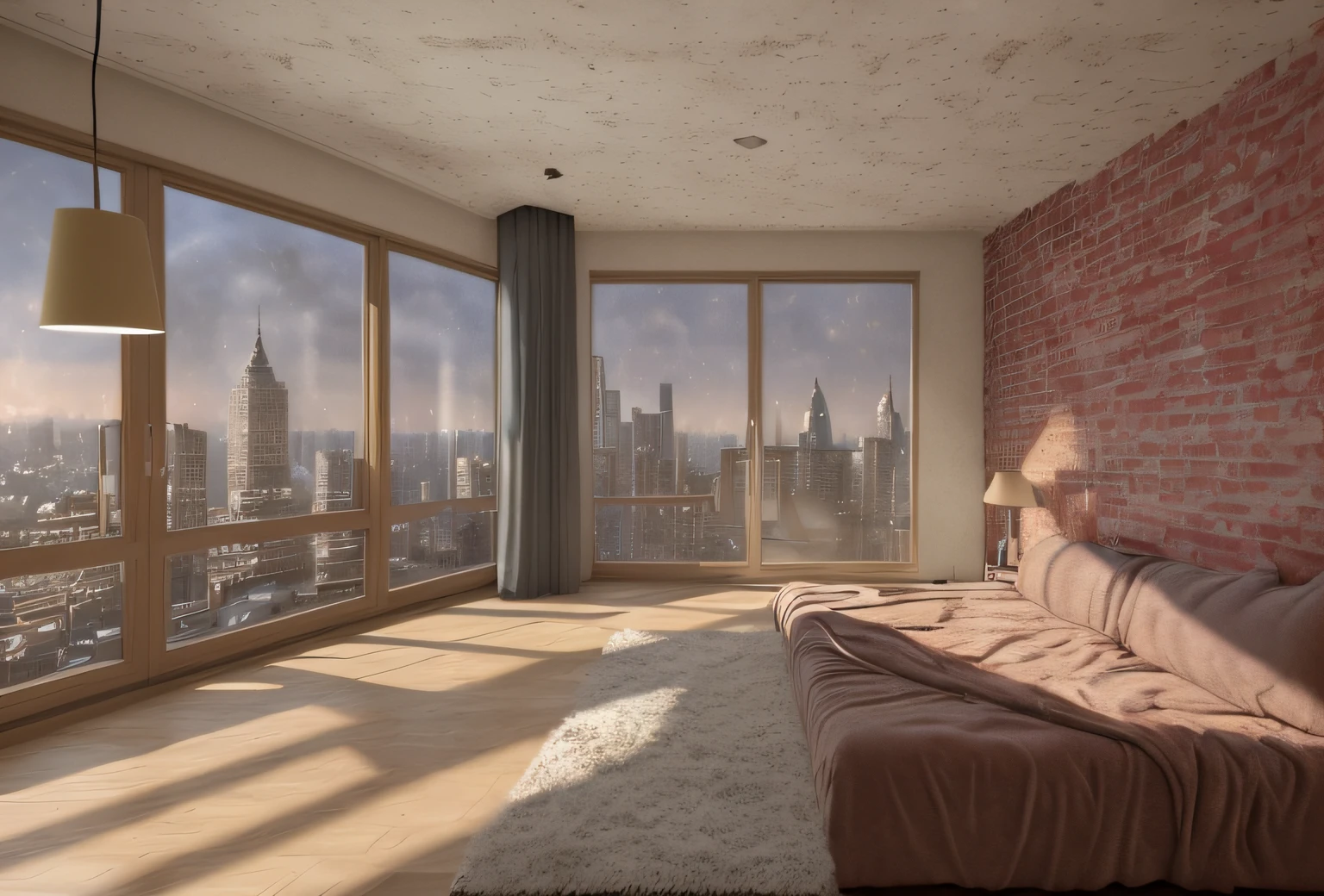 there is a room with a view of a city and a lamp, interior background art, rendered in pov - ray, picture of a loft in morning, a photorealistic rendering, rendered in unreal engine 3, rendered in unreal engine 3d, photorealistic room, interior background, rendered lighting, mattepainting, light coming from windows, photoralistic rendering with a chaise lounge in the middle of the room
