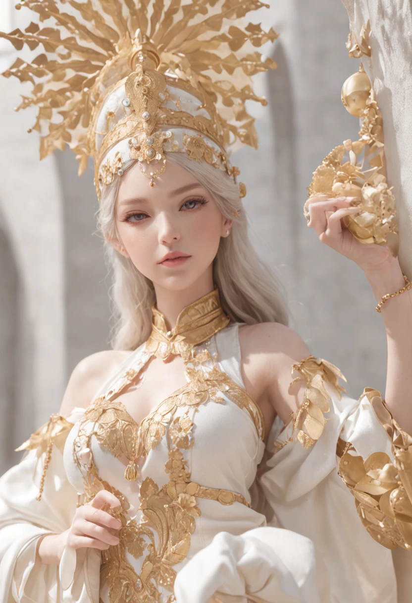 Anime - style illustration of two women in a gold and white outfit, Arte Oficial, lunar themed attire, divindade de cabelos brancos, Trend in CGTacing:, Wlop e Sakimichan, cushart krenz arte chave feminina, Arte Oficial altamente detalhada, prata e ouro, trending on artstation pixiv, Cores Dourado e Prata, knights of zodiac girl