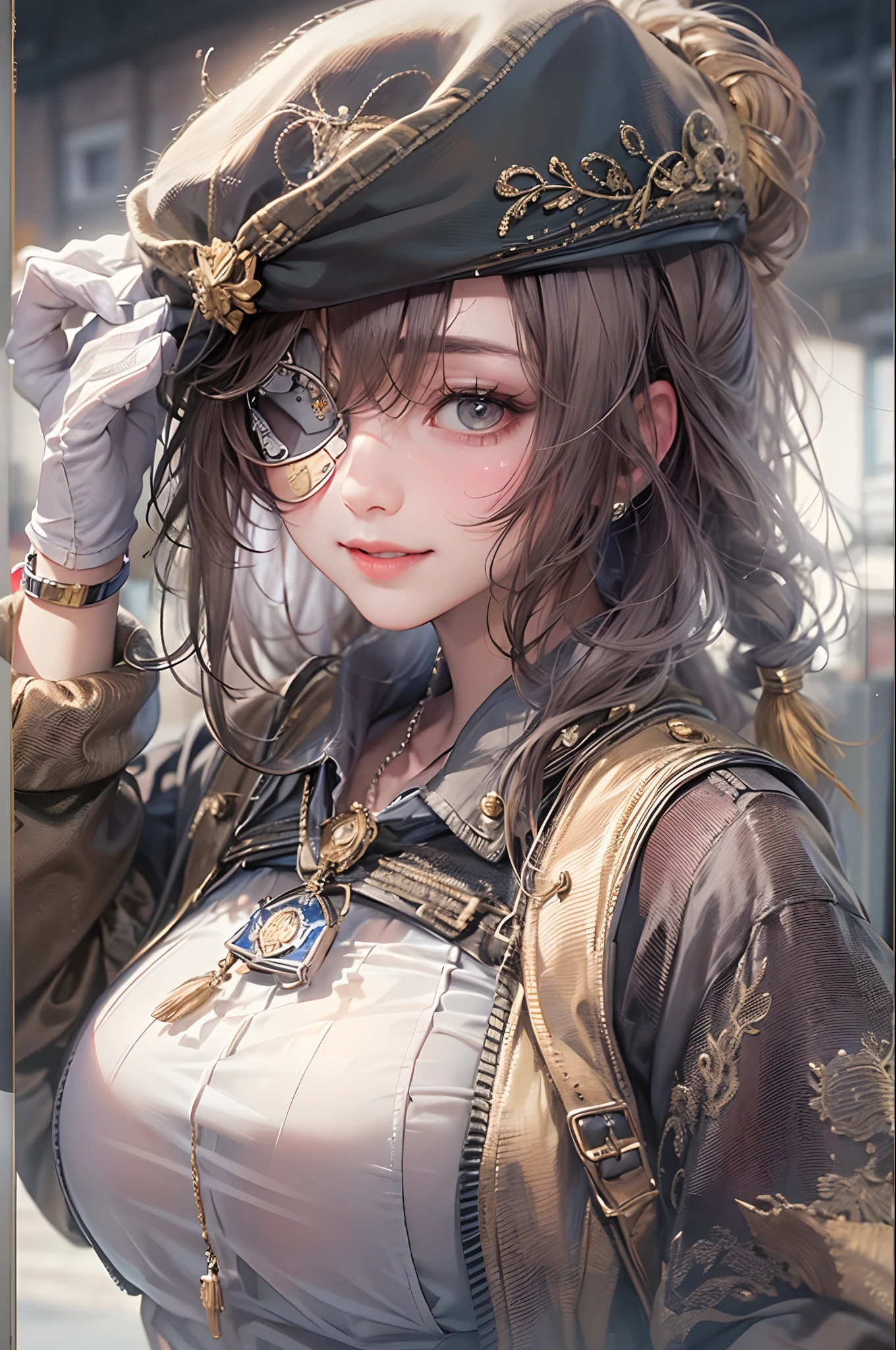 (top-quality), (masterpiece), (hight resolution), (1little girl)、(Eye patch over one eye)、(Dark hair)、(large full breasts)、(Smile) 、(Fluffy clothes)、(military outfits)、(Military equipment)、(Very delicate), top-quality, masterpiece、超A high resolution, (Photorealsitic:1.4), Raw foto, street pic, She touches the chest, Sweaty body, (sheer fabrics:1.35)(loose:1.5)、 (droopy chest), (lare breasts),Deep contrast, depth of fields, Under angle, low angles, (Lying in the city)、Background crowd、exposure blend, medium shot,