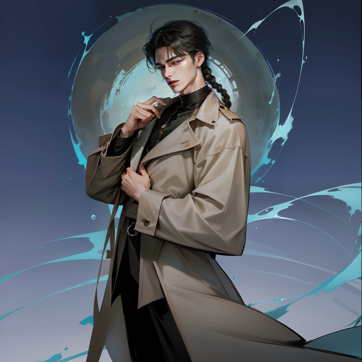 Libido boy，Elegant slim gray trench coat，Her waist-length black hair was braided simply，Two strands of sideburns against feminine and pale cheeks，Sway gently in the night breeze，Male and female。His right eye is a gentle and serene aqua blue，The left eye is a deep and noble golden brown，But at the moment it is too bleak，It's like a stolen highlight，He held his right hand to his chest，Above the palm of the hand condenses a gray mist-shaped sphere the size of an eyeball，Spinning at high speed。