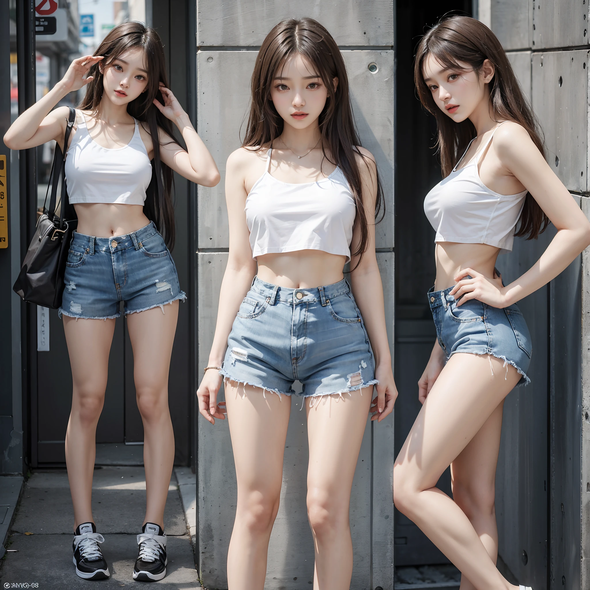 (8K、RAW photos、最high quality、masterpiece:1.5),((((The two stand:1.5)))),(((Both of them have pants that are longer than half their height..:1.2))),((Bare Legs)),((They are both very slim.)),((((These two girls look exactly like K-pop star Wonyoung:1.5)))),((Their legs are super thin.:1.2)),((Both are 173cm tall)),((They are both the same height)),((The two of them are supermodels: 1.2)),(((((Both of them took full-body photos: 1.8))))),(((You should both face forward with your entire body.:1.5))),((Low Angle:1.5)), Super slim waist: 1.2, Thin hips,open navel,完璧なSuper thin thighs: 1.2),(((They both have very slim figures..))),((Both of them are wearing transparent distressed denim micro .:1.3)),((Both are 18 years old)),(Both nipples are erect.:1.5), (((Both are extremely exposed.:1.5))),(No:1.5),(Nipple penetration:1.5),Highly detailed face and skin textures,Symmetrical face, beautiful eyes, Pretty Face,Balanced Eyes, Fair Asian skin, Ultra-realistic details, Natural shadows,(the buttocks are very small),Large, firm breasts, Extra long thighs,(Super thin thighs),(Super thin calves),((Small butt)),Super muscular body,Super tight waist,More focus on abdominal muscles,((They both have super strong abdominal muscles;1.3)),Super slim waist,((White high heels:1.3)),Lengthen your limbs,Taken from 25 cm above the ground:1.5,(((Standing on the sidewalk in front of a trendy upscale restaurant:1.5))),(Both of them wore shorts, transparent, White Mini Camisole:1.3), (((The abdomen is open:1.3))),hands on hips,Both of them face forward,Extra long arm,Thin Hands,(Black long hair),((They both stood up straight..)),(Keep your hips facing forward),Both of them are beautiful with 8 head to body ratio.,The ankles are thin,The arms are very slender,muscular,Super thin legs,muscular,Make your arms slimmer,Ultra Slender、muscular的双腿,Both of them have super long legs.,Thin mid-thigh,muscular且小腿非常纤细,Super muscles and slim thighs,Very tight waist,(Both of them have pants that are longer than half their height..Beautiful legs),The thighs are particularly thin,delicate skin,Firming skin,(((Both should fit from the top of the head to the toes of the heel..:1.5))),(((Both have))),她们俩都有Ultra Slender的肌肉腿.,((sunny afternoon:1.3)),midsummer:1.5,Glimpse of her white, Super detailed, High Detail, high quality, Awards,high resolution,((Anatomically correct)),((((((Eyes that move)))))),Face to Face,