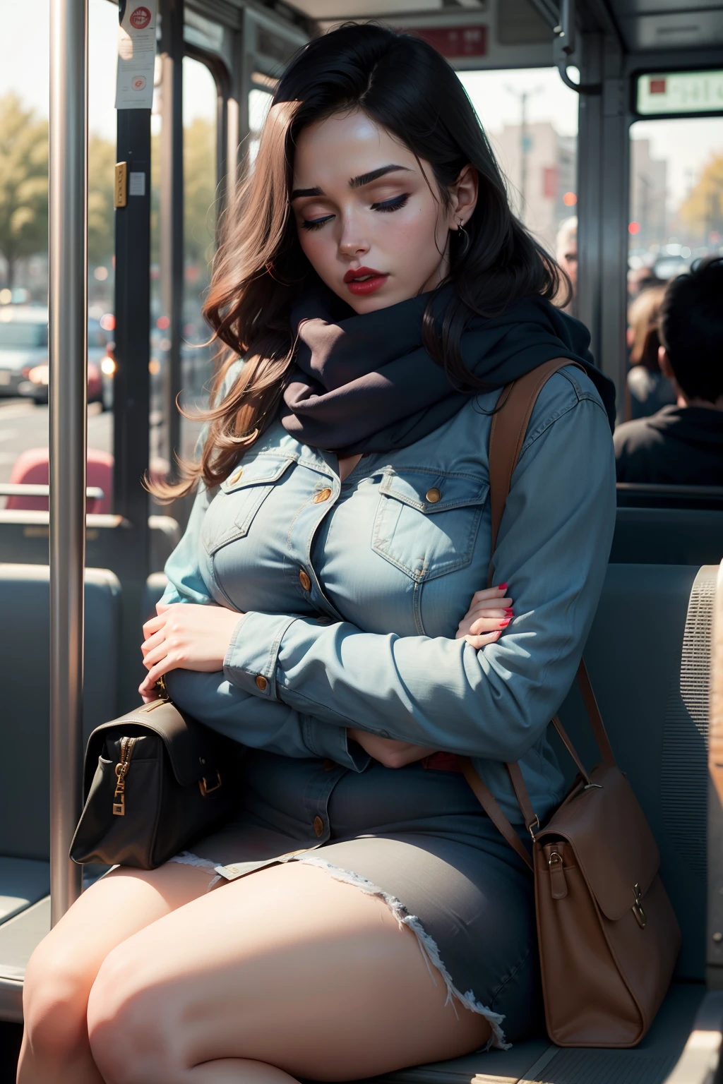 1 beautiful, adult woman, large body, red lips, outlined eyelids, made-up eyelids, jean jacket, blue scarf, neckline, blue jeans, black bag, hugging her bag, sleeping sitting on the bus, mouth open, eyes closed.