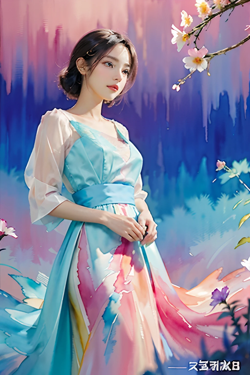 1girl,flower, Lisianthus ,in the style of light pink and light azure, dreamy and romantic compositions, pale pink, ethereal foliage, playful arrangements,fantasy, high contrast, ink strokes, explosions, over exposure, purple and red tone impression , abstract, ((watercolor painting by John Berkey and Jeremy Mann )) brush strokes, negative space,