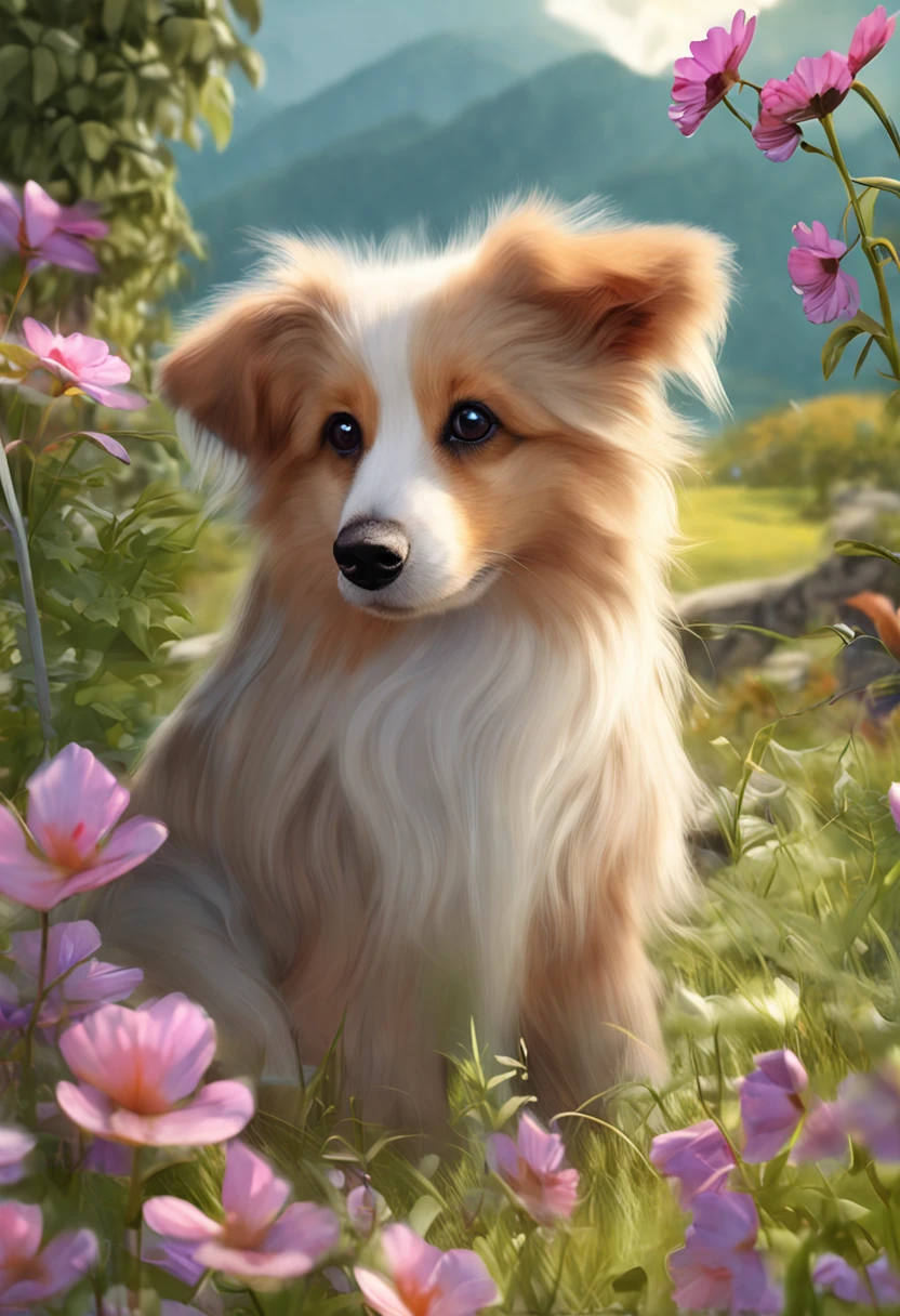 Farmer Vang Vieng, laos、tmasterpiece、A well-deserved performance、Outstanding quality、Scottish Shepherd、Photo of the Scottish Shepherd、Charming big eyes、Big round eyes、The eyes have excellent beauty、Realistic painting with big eyes、Bottomless, Shining eyes、Dog illustration production、Beautiful background、Garden bathed in warm sunshine、Different flowers々colours、Picture of overgrown meadow、Exhibits the appearance of a slight blowing air.、Cute laughing dog、The elegant gesture is in harmony with the landscape.、Under a bright blue sky、One with nature.、Powerful expression.、Take advantage of realistic touch、It makes you feel a deep connection to your dog.、Create a relaxing atmosphere、Fur that can be painted thoroughly.、Realistic expressions、A beautiful expression of natural harmony.、Breathe life into special moments、Weaving beautiful natural scenery、Soft light performance