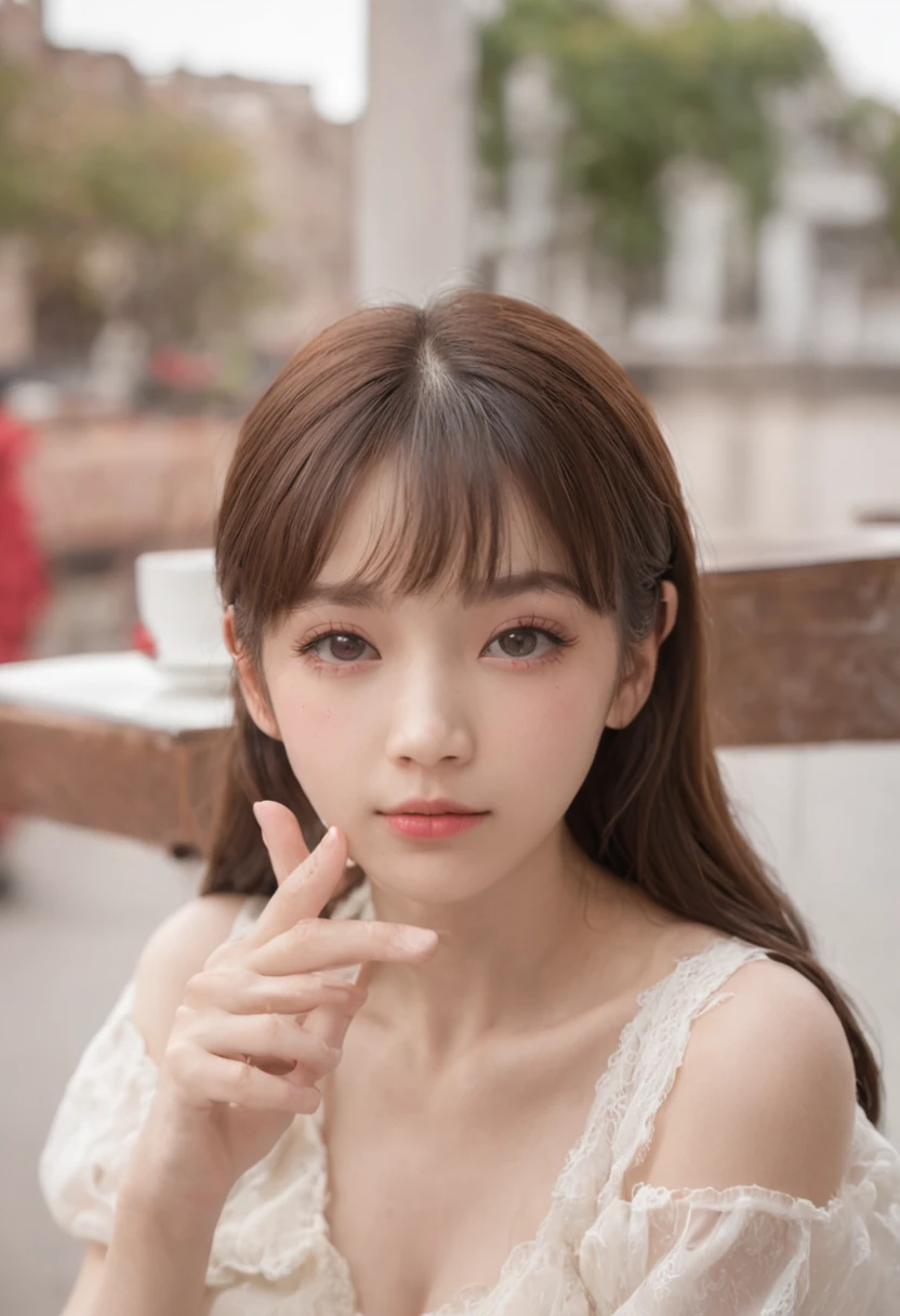 中景 the scene is，A 14-year-old girl sits in a café，adolable，big breasts beautiful，The face is delicate，White skin，By bangs，long eyelasher，Blushlush，eyeline，Redlip，The expression is shy，Tears in the eyes，ssmile，Perspectiva subjetiva，flatchest，being thin，cropped shoulders，shift dresses，Poor chest，胸A cup，hair messy