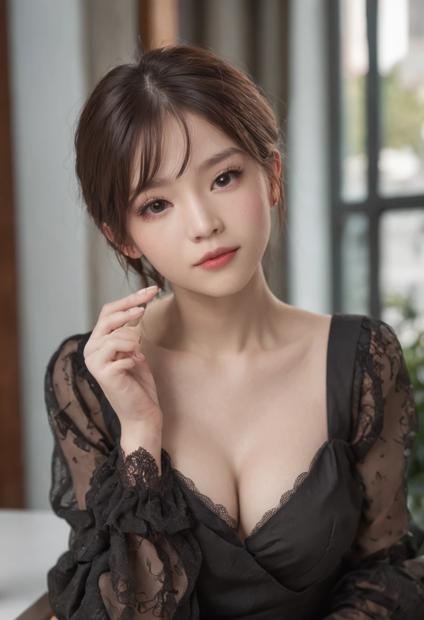 中景 the scene is,A -yeld gisits in a café,adolable,big breasts beautiful,The face is delicate,White skin,By bangs,long eyelasher,Blushlush,eyeline,Redlip,The expression is shy,Tears in the eyes,ssmile,Perspectiva subjetiva,flatchest,being thin,cropped shoulders,shift dresses,Poor chest,胸A cup,hair messy