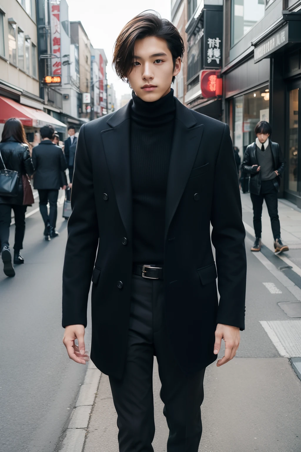 Street style portrait of 20 year old Japan man。 For tailored suits of dark colors suitable for autumn and winter、Layered Turtleneck Sweater。Pair with black leather boots that blend business and street aesthetics。hair is quite long、A suitable volume for autumn and winter is located at the top。