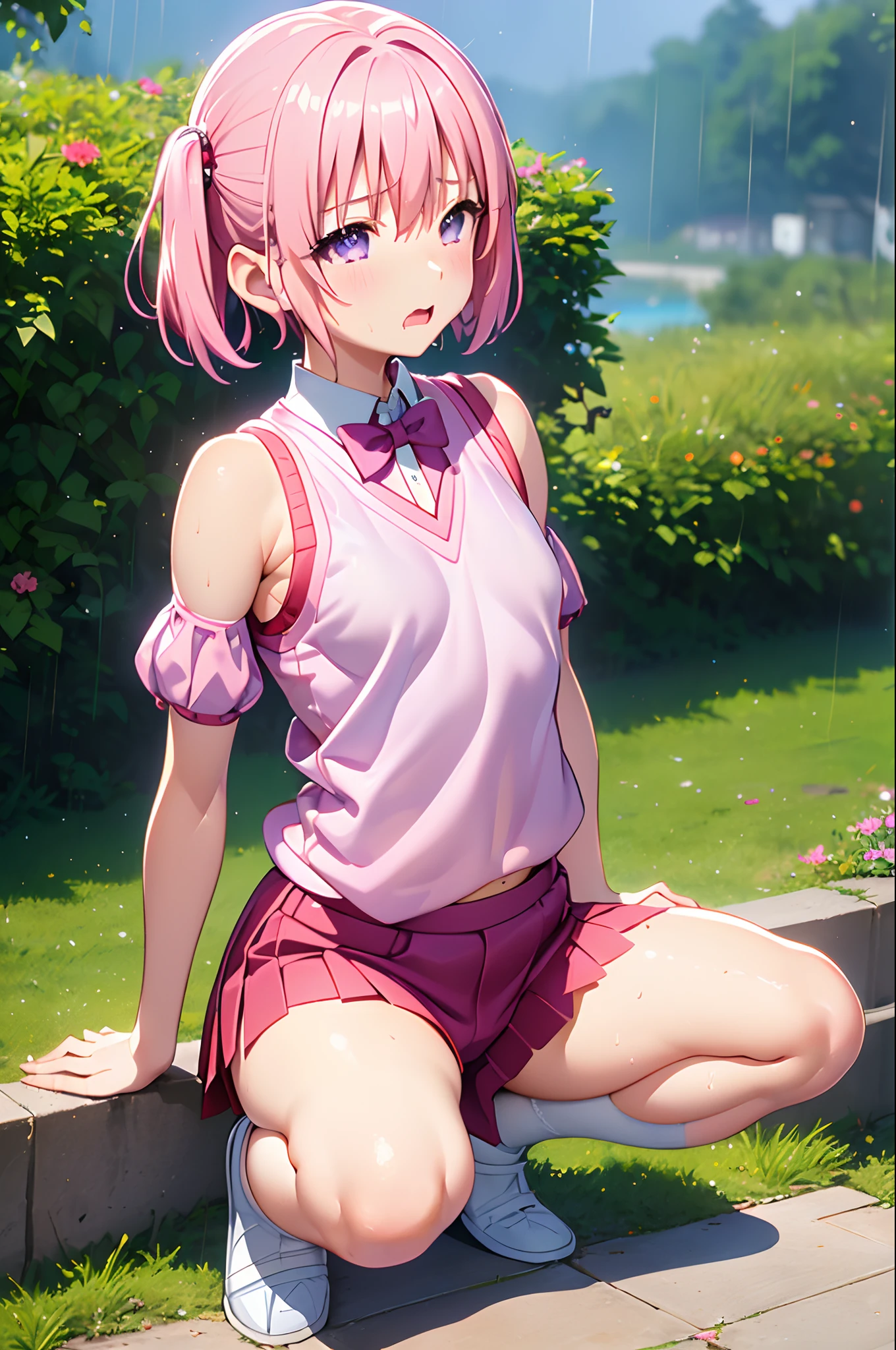 pink hair, purple eyes, short hair, hair flower, pink hair, oily skin, wet, detailed skin, (()), ((carrying a red backpack)), ((10 years olbackground, open mouth, short height, little girl, ((bare sho), ((presenting armpit)), (see-through), cleavage, naughty face, ((white tank top)), (arm up), ((loli)), ((small boobs)), ((sml breasts)), ((flat chest), (hot pants), ((detached sleeves)), beach, , (potrait)), loose shirt, navel, (((Drooling face)), wet body, rain (((height 135cm))), ((Squatting)), (Twintails),