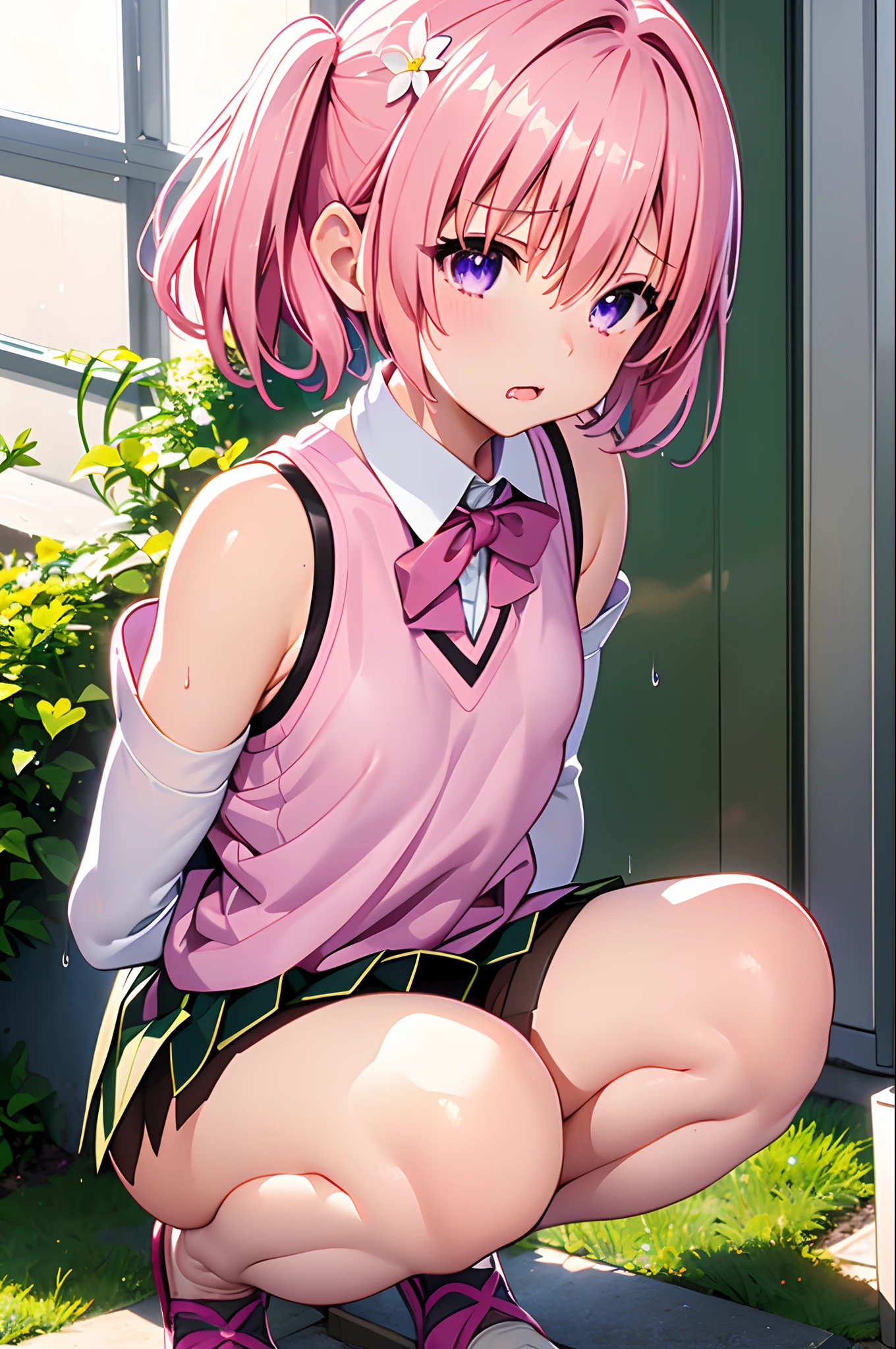 pink hair, purple eyes, short hair, hair flower, pink hair, oily skin, wet, detailed skin, (()), ((carrying a red backpack)), ((10 years olbackground, open mouth, short height, little girl, ((bare sho), ((presenting armpit)), (see-through), cleavage, naughty face, ((white tank top)), (arm up), ((loli)), ((small boobs)), ((sml breasts)), ((flat chest), (hot pants), ((detached sleeves)), beach, , (potrait)), loose shirt, navel, (((Drooling face)), wet body, rain (((height 135cm))), ((Squatting)), (Twintails),