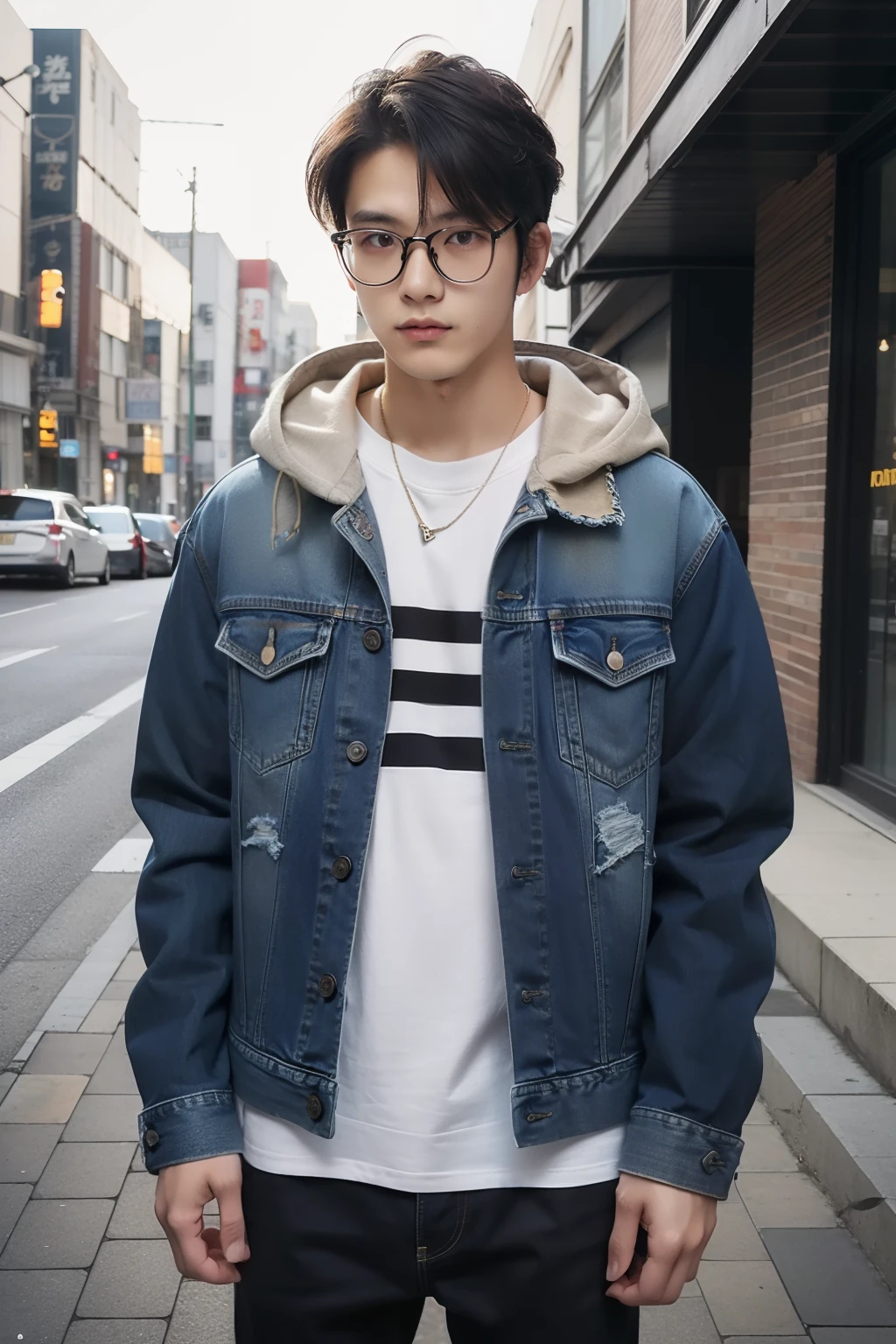 20 year old Japan man street style hair catalog magazine portrait。 Layer a hoodie over a denim jacket suitable for autumn and winter。Coordinate with black skinny jeans and combat boots。My hair is a bit long、Rough appearance、Ruff suitable for autumn and winter々It's a nice atmosphere。Wellington Frame Eyewear。