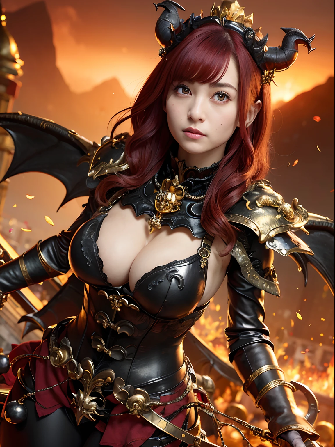 (masutepiece), Professional , ​masterpiece、top-quality、photos realistic , depth of fields （Gemstone Black Metal Body:1.９),(Matte Black、（cleavage of the breast）、Dragon Gold Weapon（Dragon Metal Body:1.４),Gorgeous Silver Weapons ,（（ Dragon's dense and gorgeous sword）） , Beautiful knife   ,warhammer 40k , adepta sororitas,Detail and gorgeous crown、（（Red hair））、（Castle background）、、（（Gangle's forest background））、Beautiful Caucasian beauty、１a person、dynamic ungle,(((Detailed and ornate Black Devil Crown)))、Smaller head、A smile、Castle background、Thin and beautiful female hands、cleavage of the breast、Soldier in iron armor on background、Mystical expression、Light Effects、intense fighting、Wind-effect、magic circles、With the legendary magic wand、（demonic wings）、