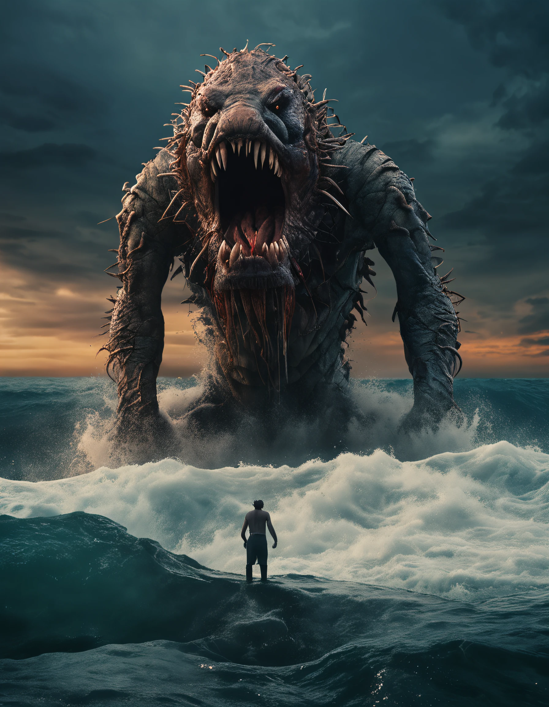 An ugly monster, Body shape huge, Standing in the ocean, Roaring, There is a small fishing boat around, A grand spectacle, Oppressive atmosphere, Surrealism, chiaroscuro, cinematic lighting, wide shot, masterpiece, ccurate, anatomically correct, super detail, high details, best quality