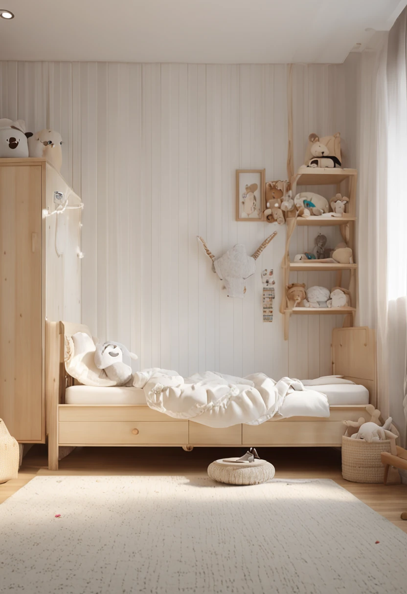 There was a white bed,White blanket and a white chair, inside a child's bedroom, children' s bedroom, nursery poster, designed for cozy aesthetics!, cozy studio photography, cute design, Realphotos, Boy's room, sterile minimalistic room, White bed, highly photographic render, cream - colored room, high-quality photo, warm and joyful atmosphere
