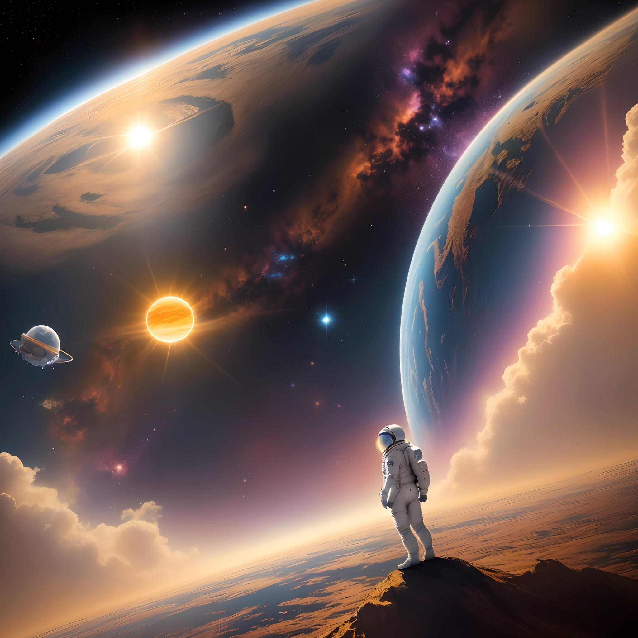 A space man with his out floating through space with the sun it the background and earth is in the background to but it’s smaller and thar is a little bit of cum flowing out of the .
