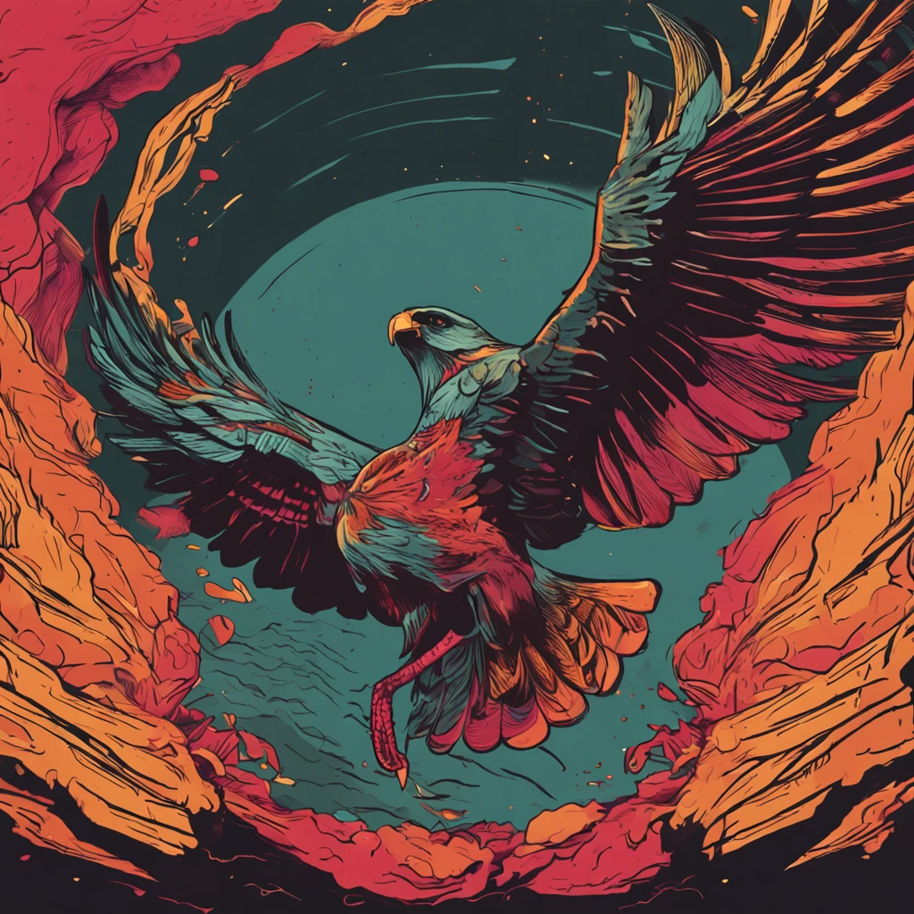 A close-up of a bird flying through the air with a fire in the background, eery, Portada detallada, Ilustraciones oficiales, energy,Evil, Perennifolio, Arte Emergencia, Arte clave.