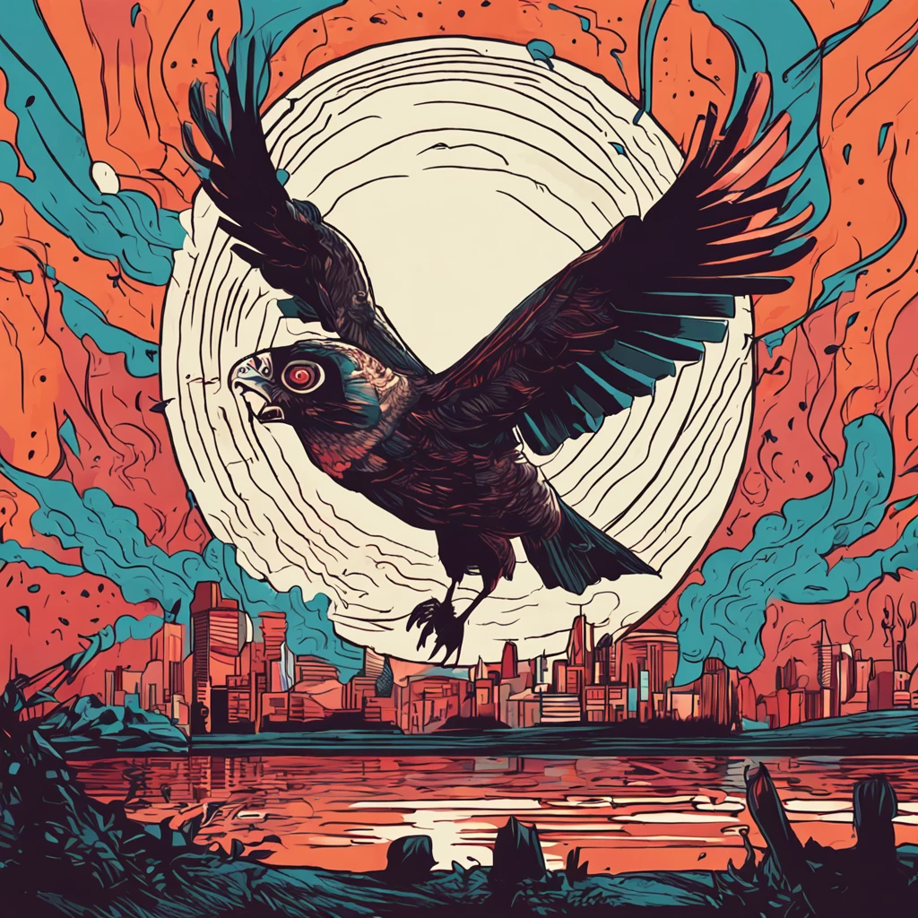 A close-up of a bird flying through the air with a fire in the background, eery, Portada detallada, Ilustraciones oficiales, energy,Evil, Perennifolio, Arte Emergencia, Arte clave.