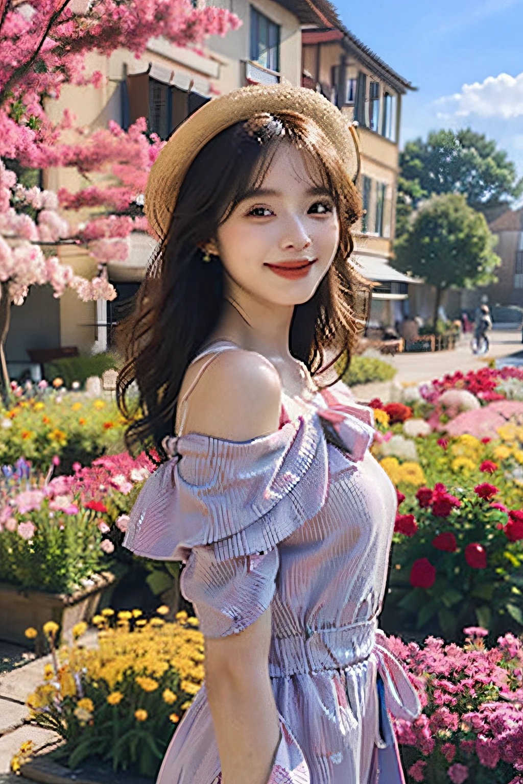 (masterpiece, top quality, best quality, official art, beautiful and aesthetic:1.2),
cinematic lighting, angled shot from the side,
(pink and blue theme:1.2),
(1girl), 21 year old, off-shoulder dress, sunhat, standing in the flower garden, smiling happily, sexy pose, clouds and rainbow in the sky,
extreme detailed, colorful, highest detailed,