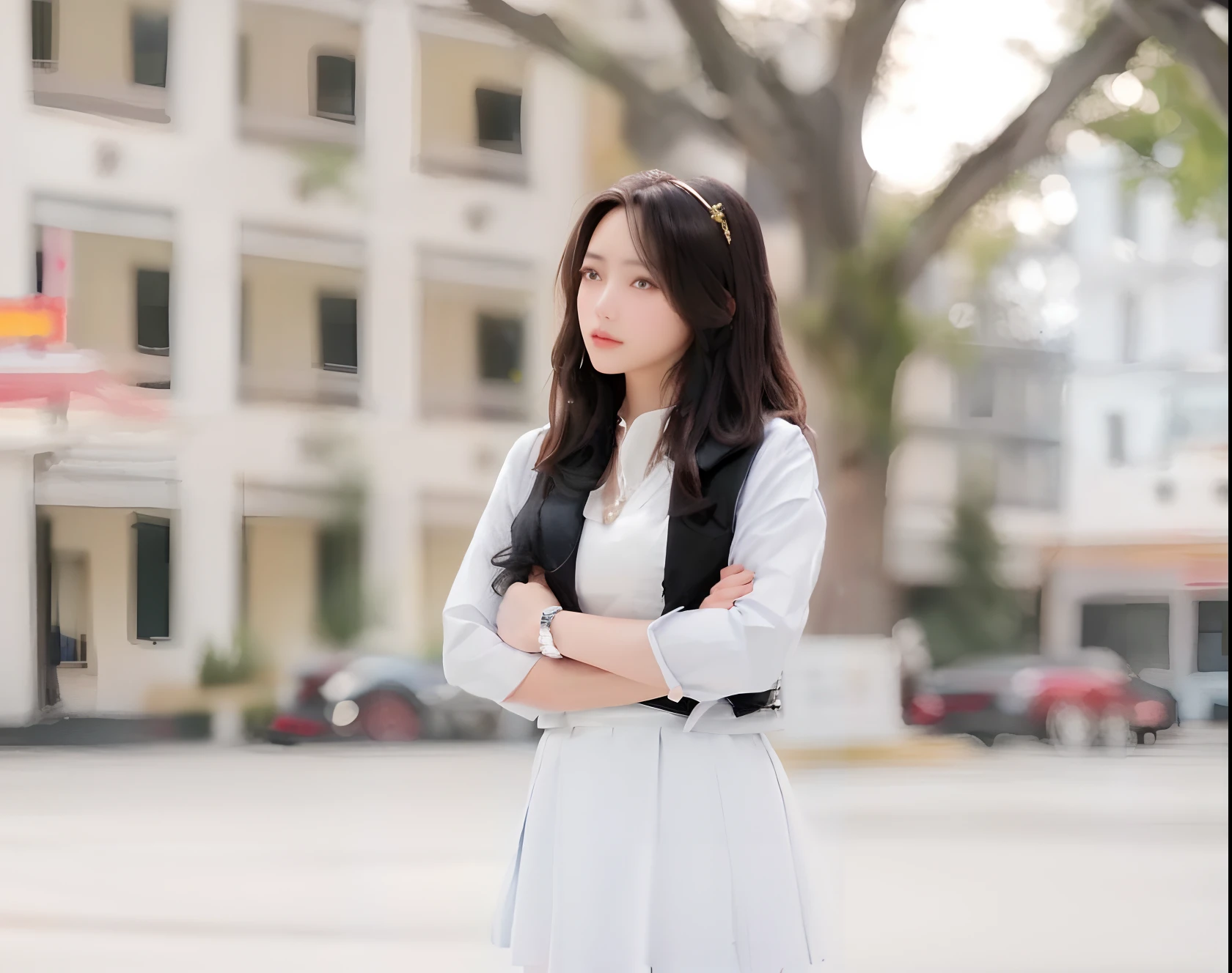 best quality, masterpiece, 1girl, Beautiful face, (photo realistic:1.3), rim lighting, (high detailed skin:1.2), 8k uhd, dslr, high quality, high resolution, 4k, 8k, Bokeh, absurdres, best ratio four finger and one thumb, (realistic:1.3), cute 1girl, wearing black formal blazer, medium breasts, short skirt,