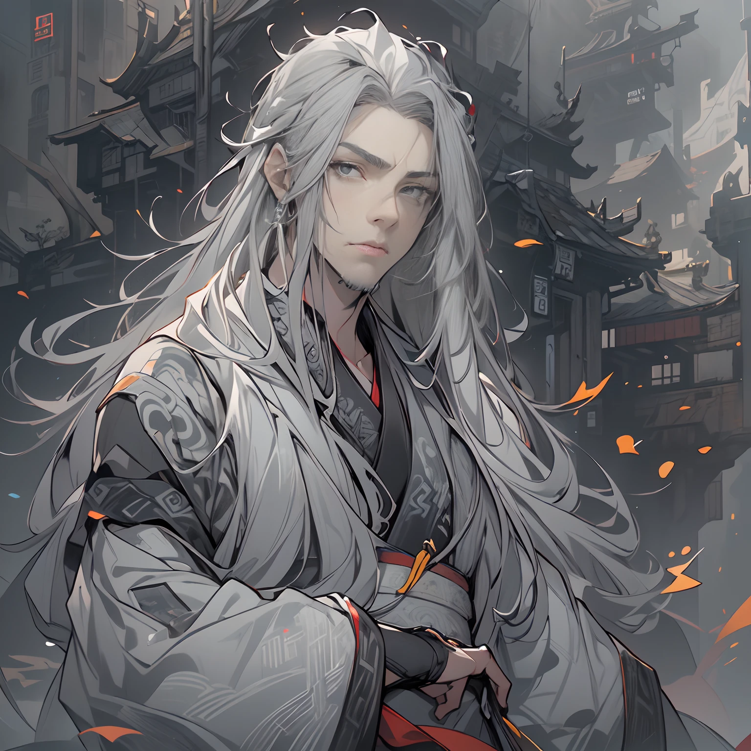 Chinese antique male,fansty world,background inside dark,Clean design,Epic Instagram,art stations,Colorful paint splashes,contours,Hyper-detailed intricate details,unreal-engine,fanciful,Complicated details,splash image,complementary colours,fantasy concept art,8K分辨率,A masterpiece of deviantart,oil painted,Heavy strokes,paint drips,(Isolate on a white background:1.3),Rainbow skins,(((A handsome young))), ((Teenage:1.5)),((((Long gray hair:1.6))), ((black-clad)), (prinz\\(Indifferent expression\\),, (((Wearing high-detail Hanfu))), Long white hair,Frost magic,((chest muscle)